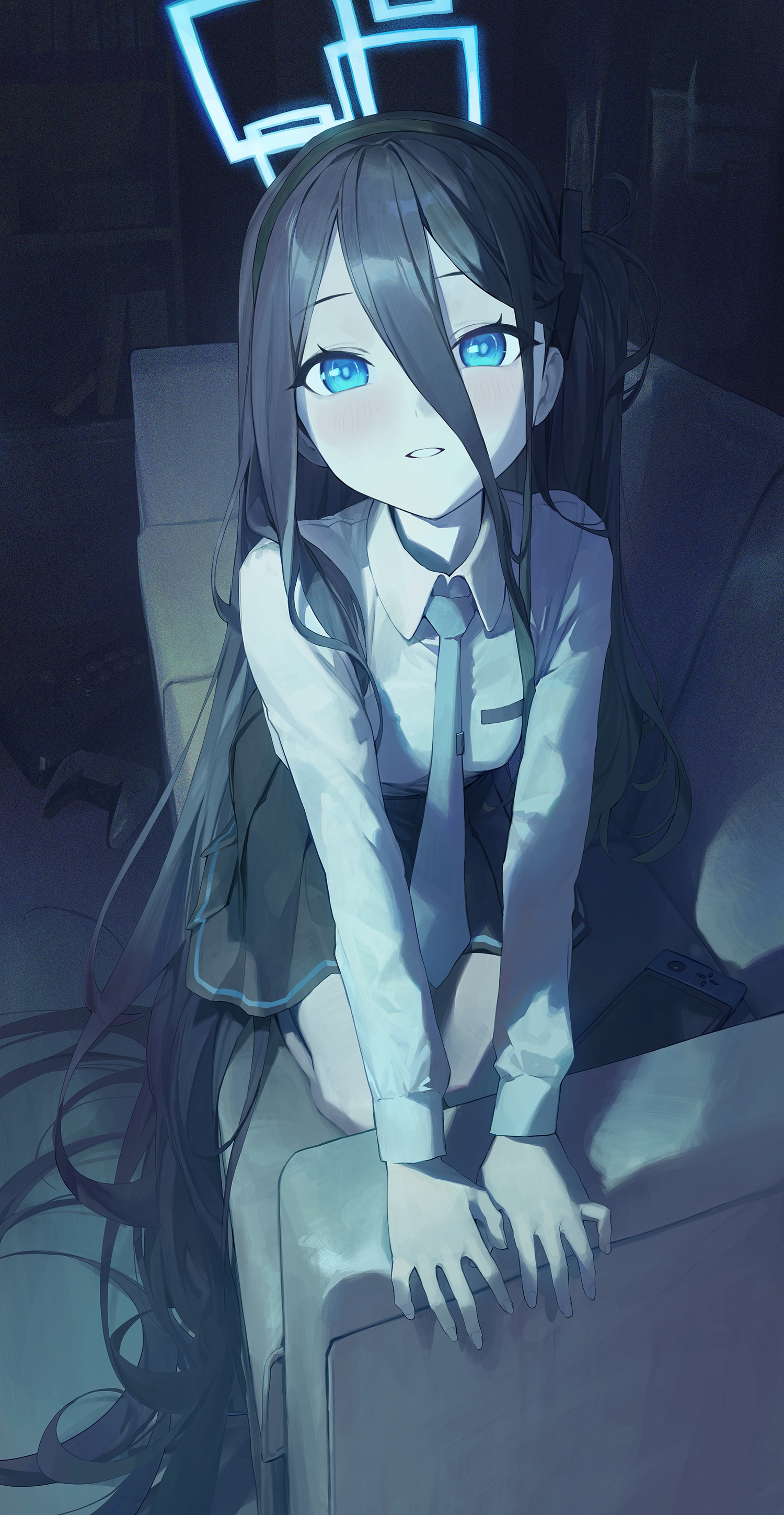 Girl with blue eyes and halo sitting HD Phone Wallpaper