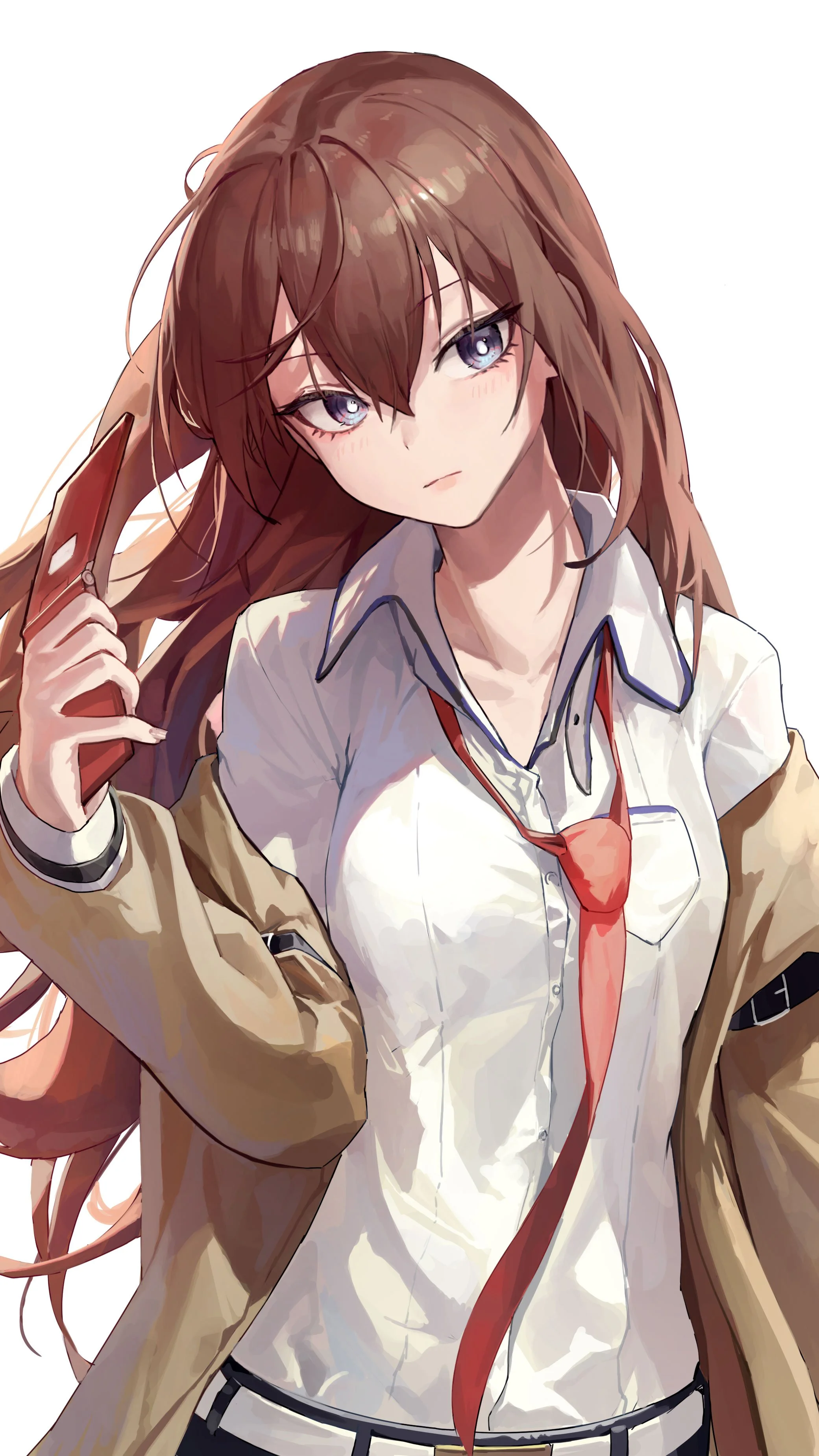 Makise Kurisu from Steins;Gate holding a phone HD Phone Wallpaper