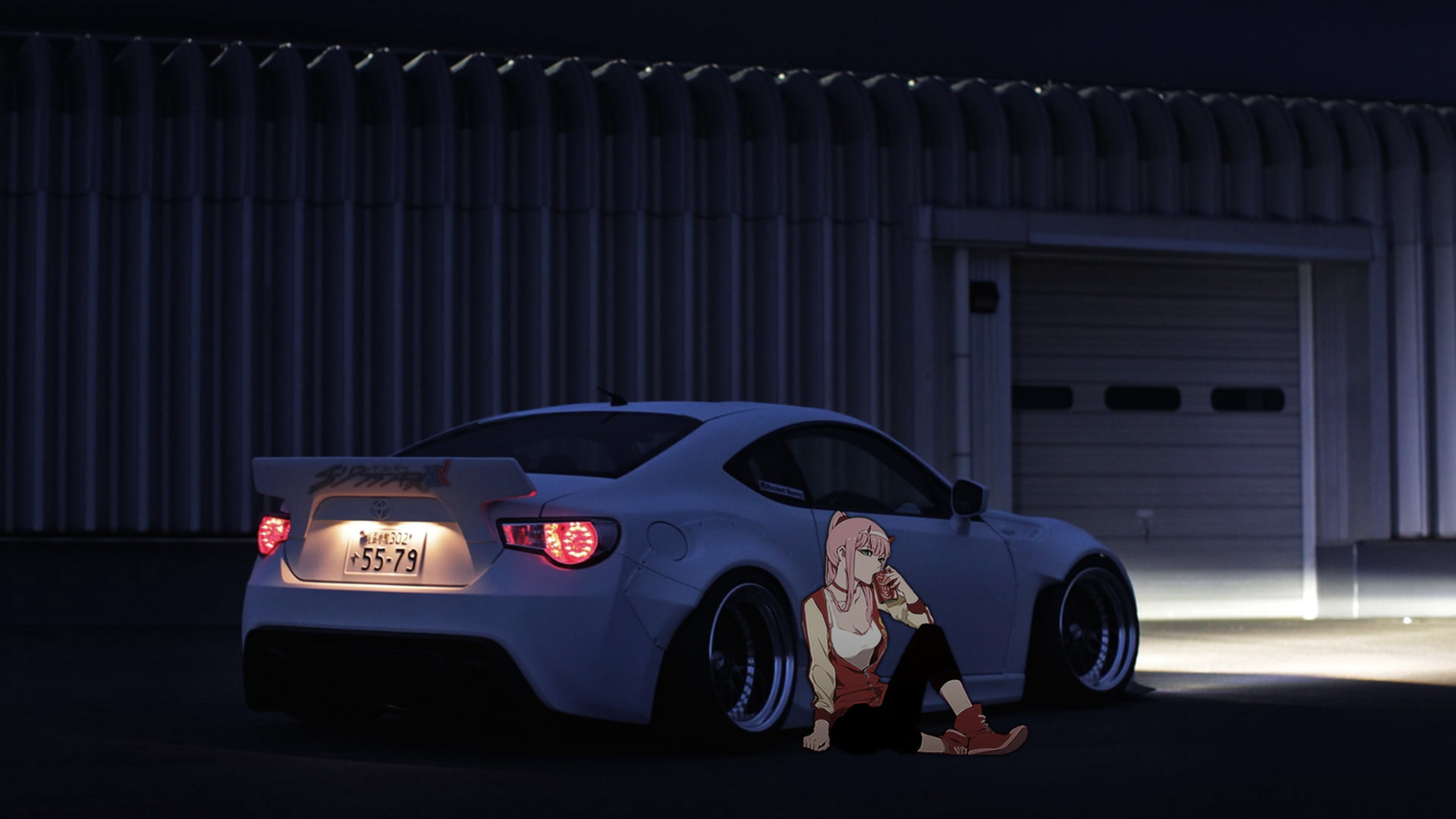 4K White Car with Zero Two at Night HD Wallpaper