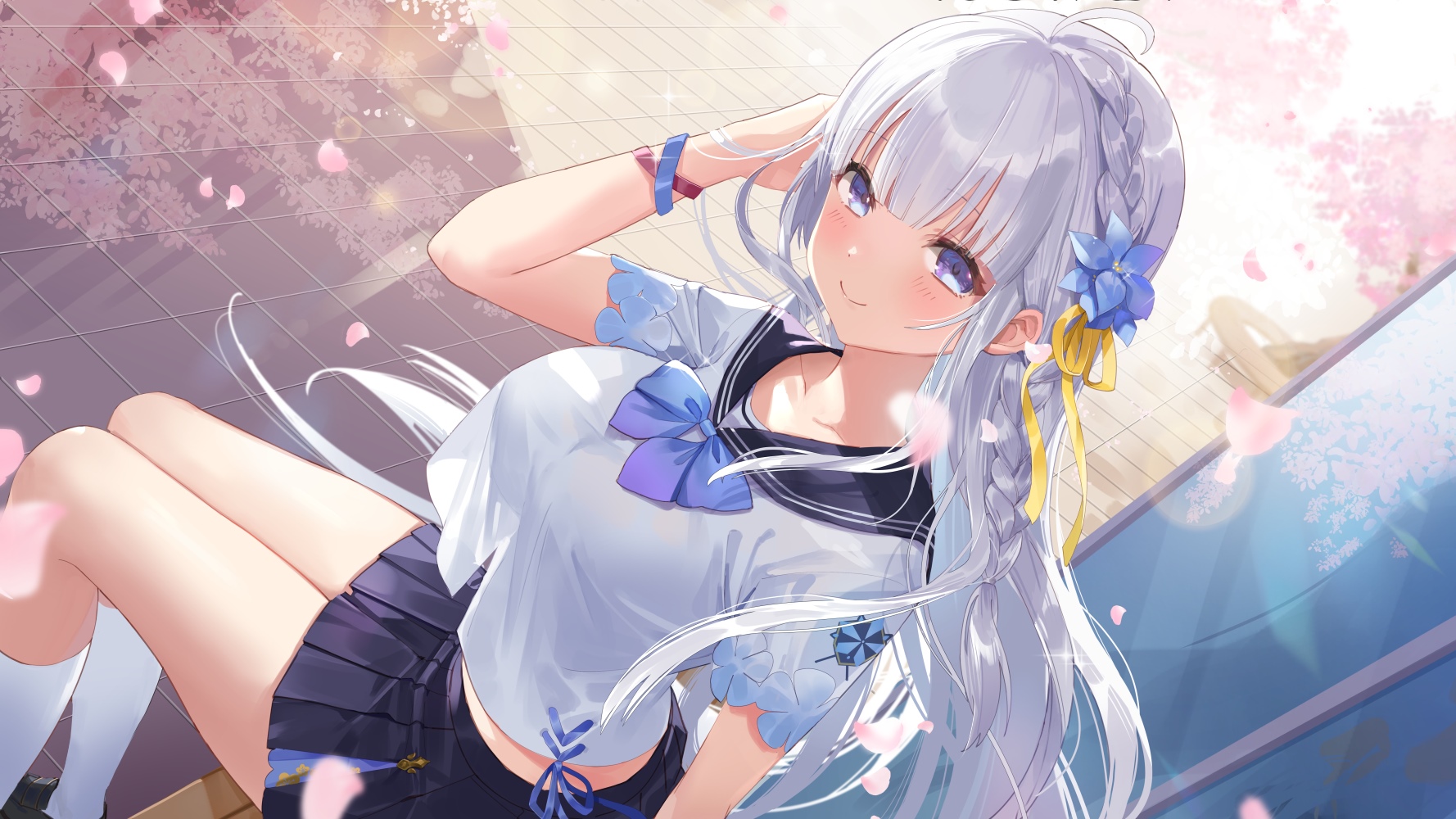 Anime girl in school uniform with cherry blossoms HD Wallpaper