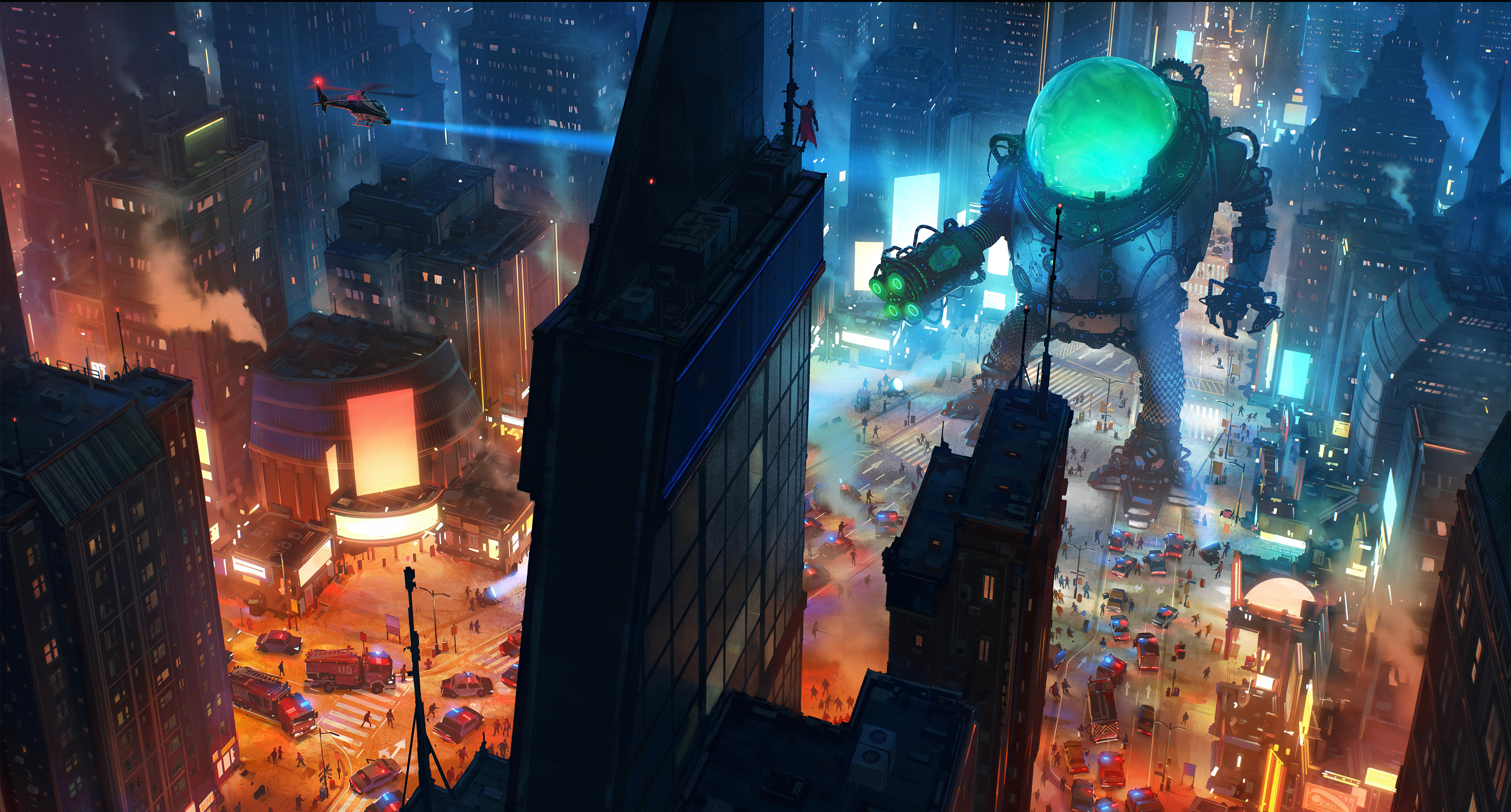 Giant robot in a futuristic city during an alien invasion HD Wallpaper