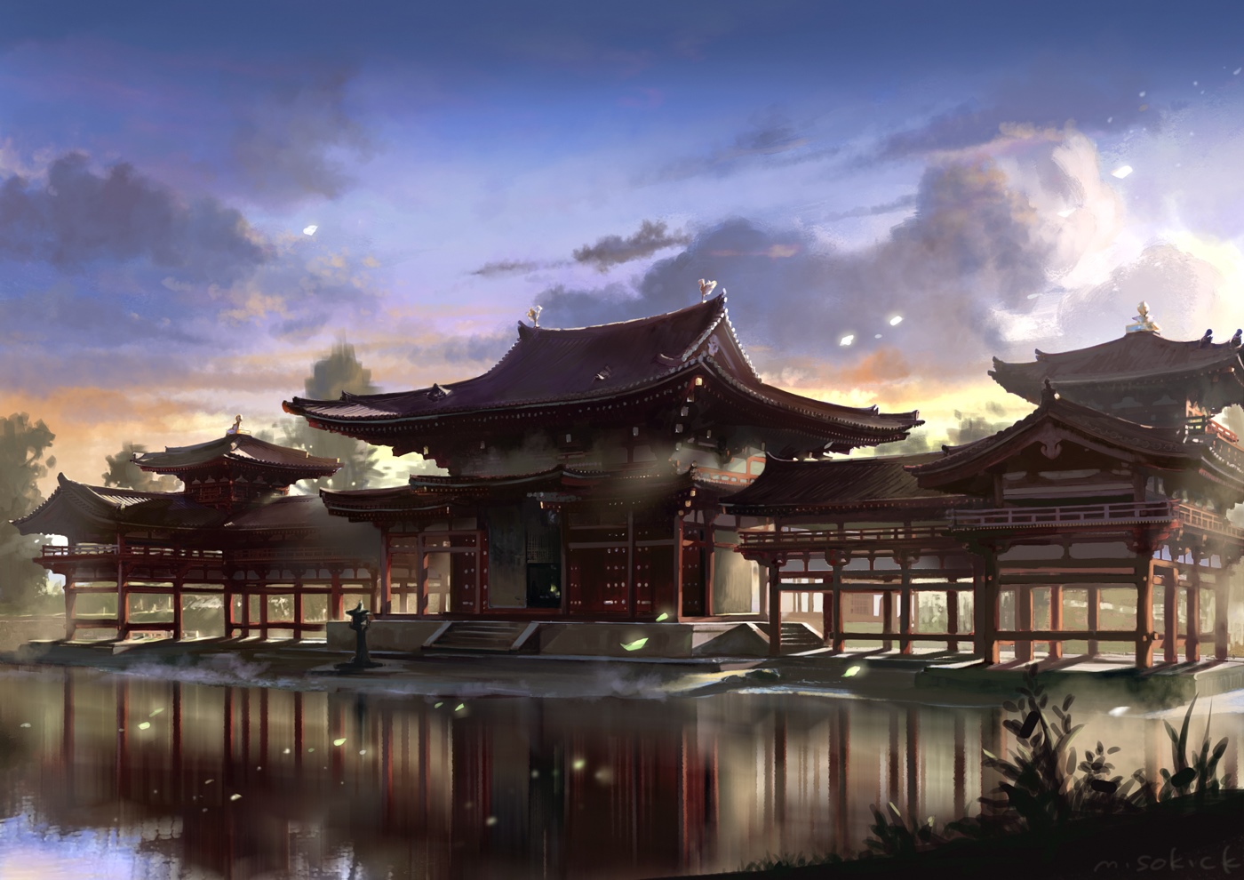 Asian architecture building by a lake at sunset HD Wallpaper