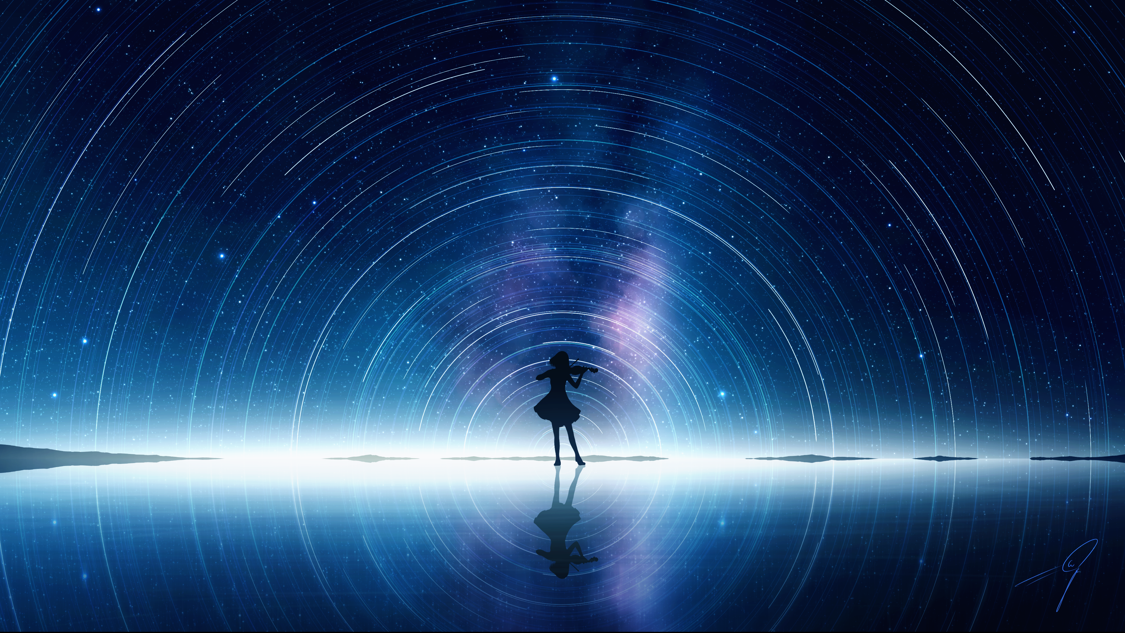 Girl playing violin under star trails and galaxy reflection HD Wallpaper