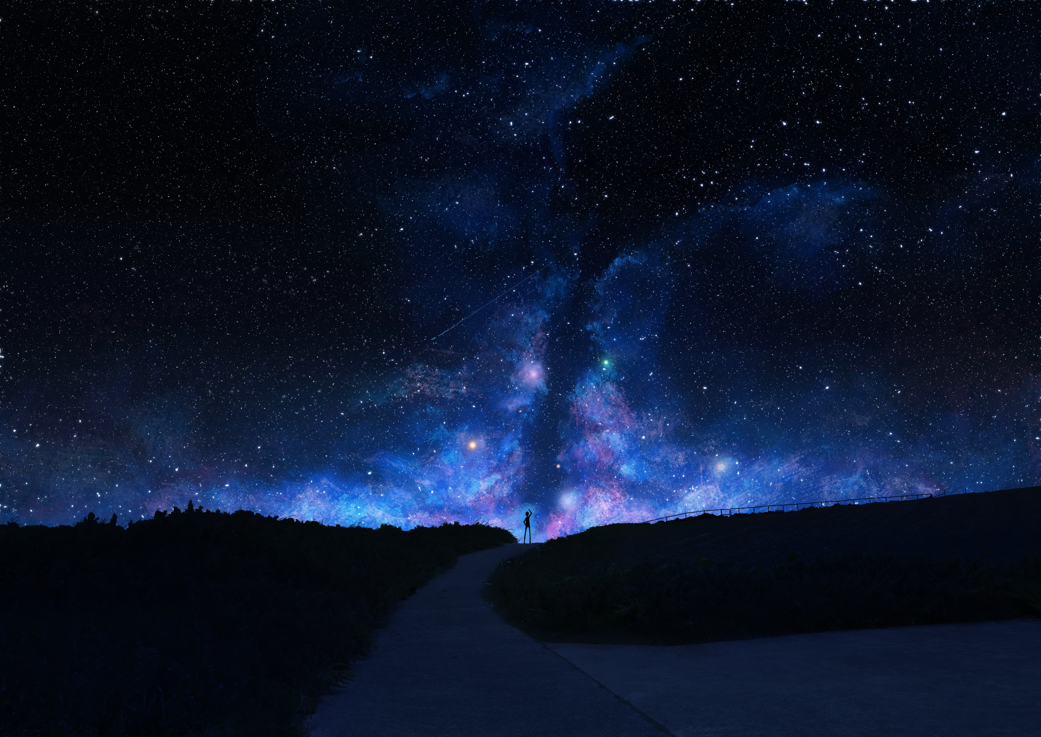 Person looking at a starry galaxy over a hill HD Wallpaper