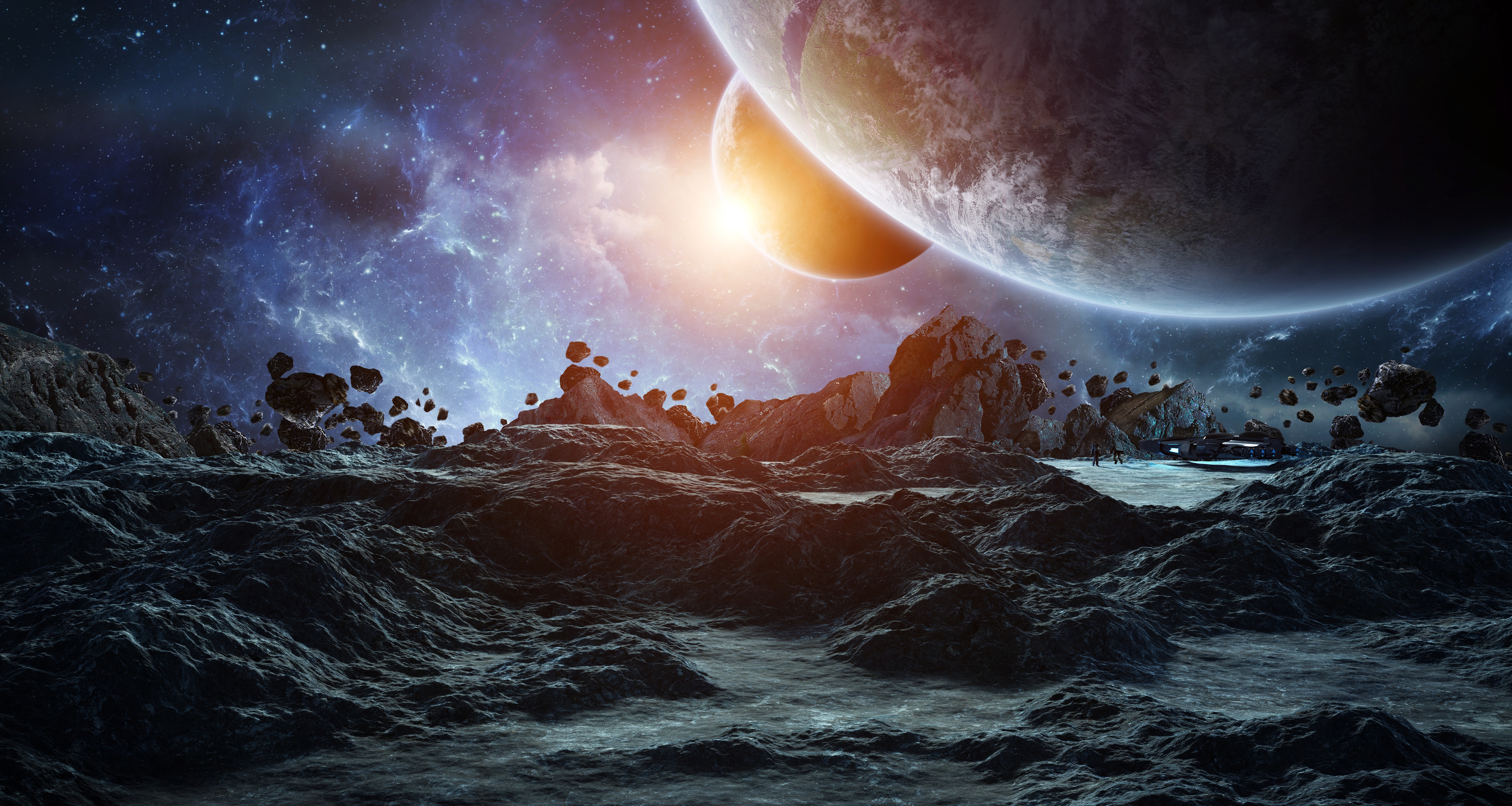 4K Space Scene with Planets and Asteroids HD Wallpaper