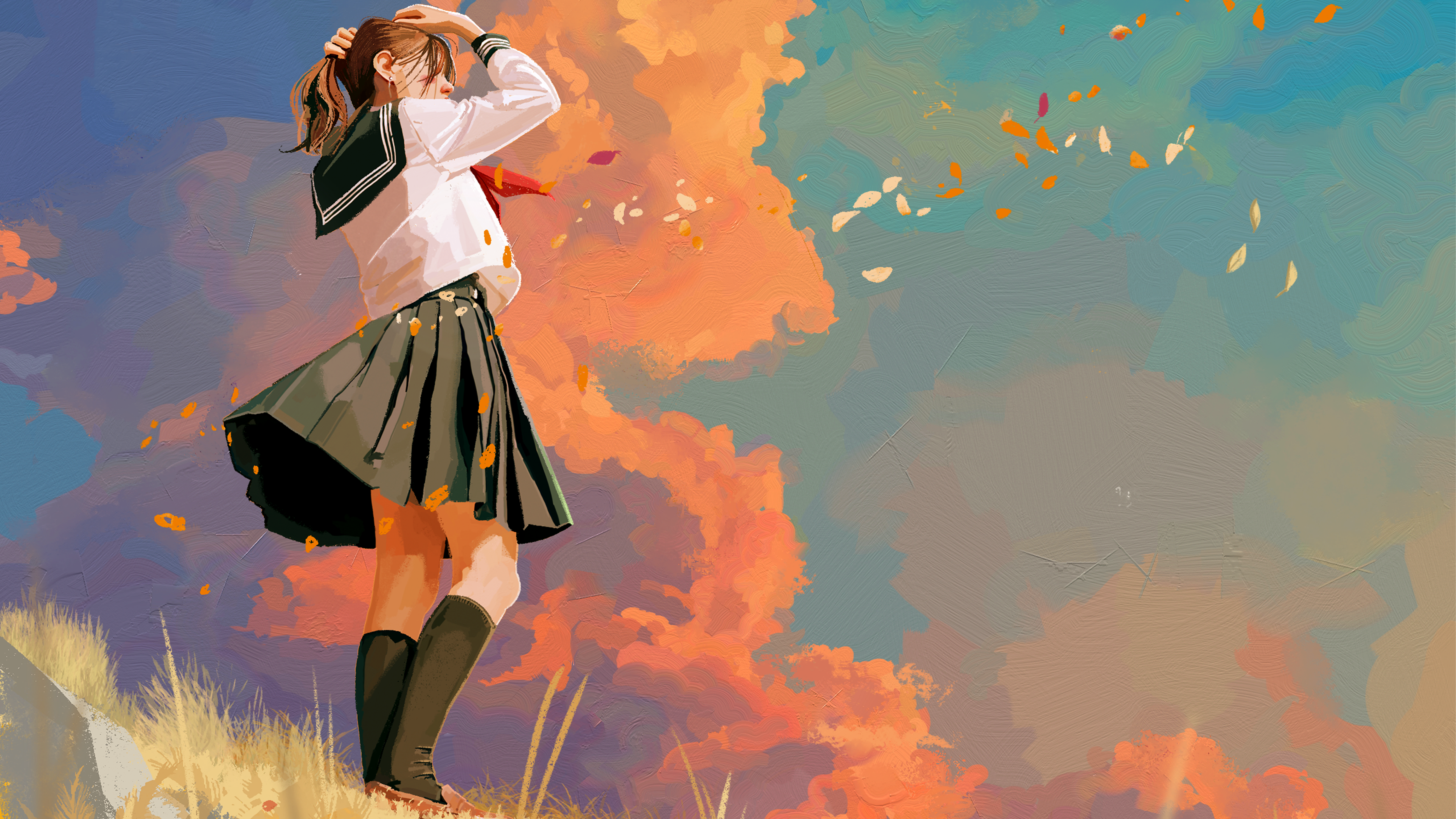 4K Schoolgirl in Wind with Sunset Clouds HD Wallpaper