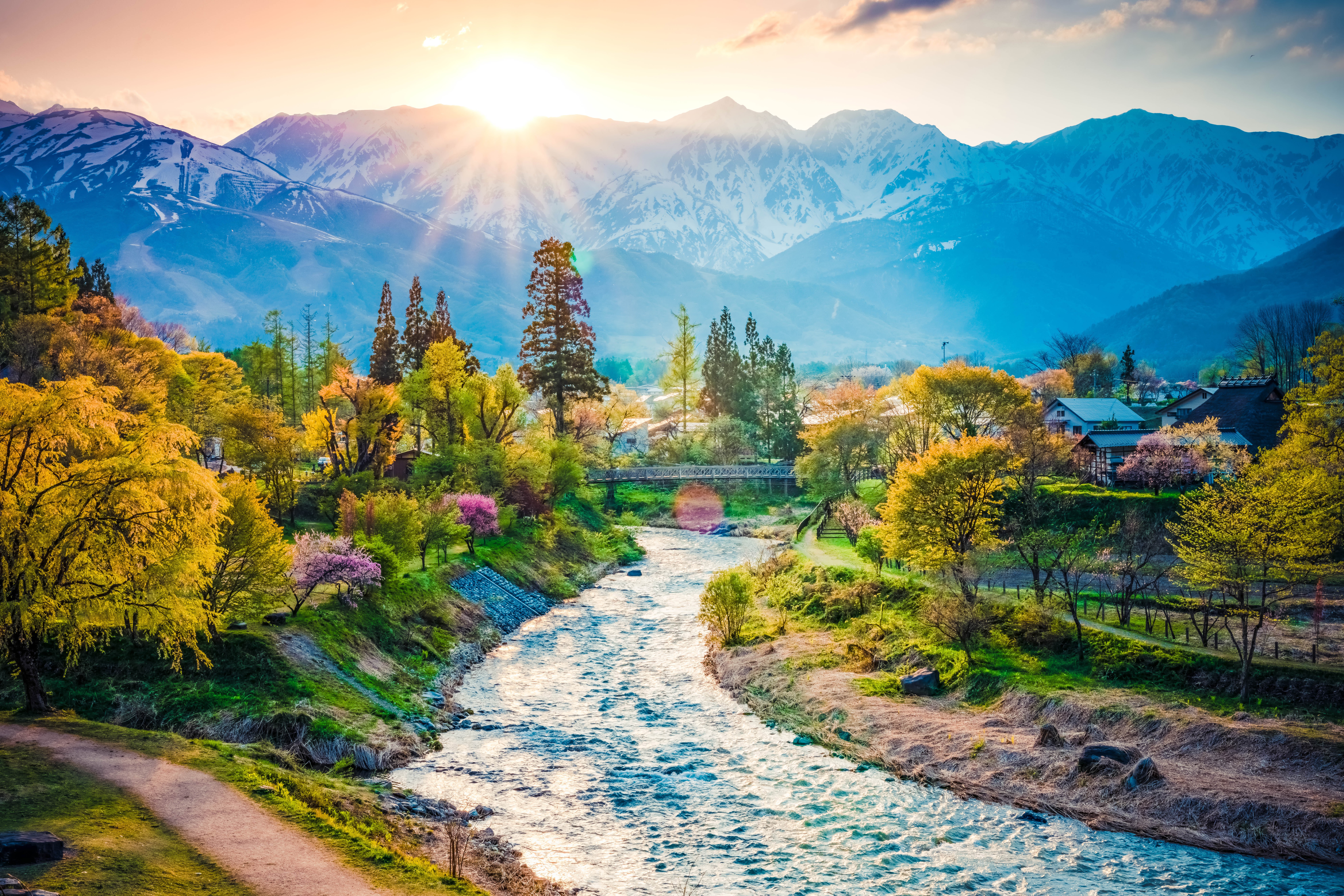 4K Japan sunrise over village, river, and mountains HD Wallpaper