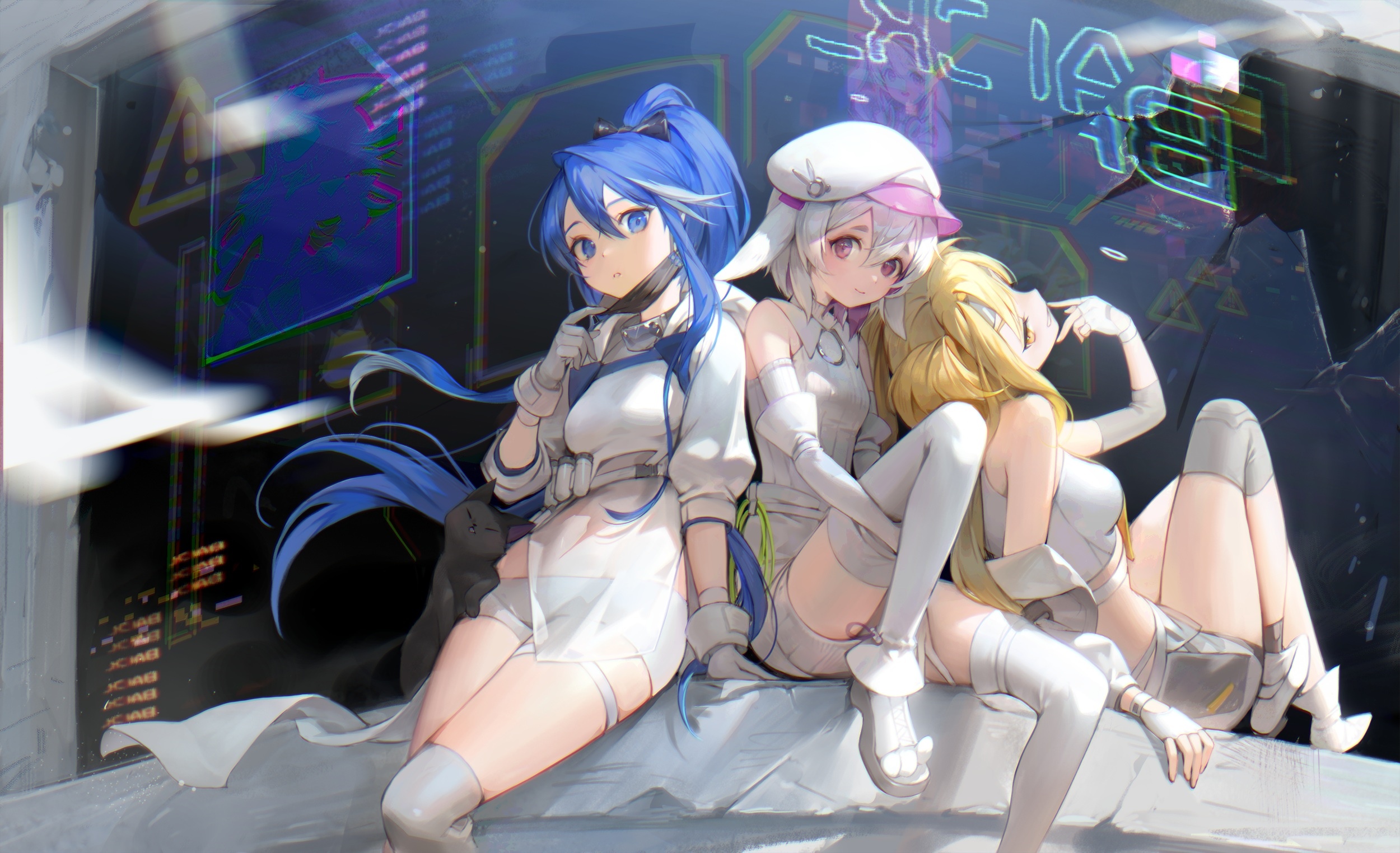Three anime girls in futuristic outfits HD Wallpaper
