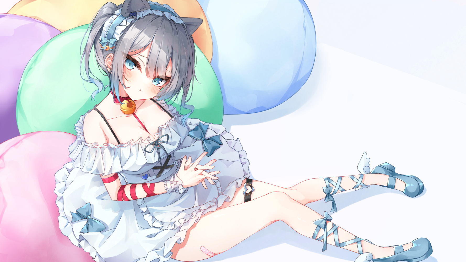 Cat girl with blue ribbons and bell collar HD Wallpaper