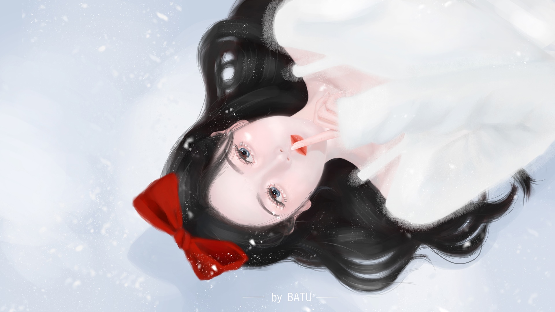 Artwork of an Asian woman in white clothing in the snow HD Wallpaper