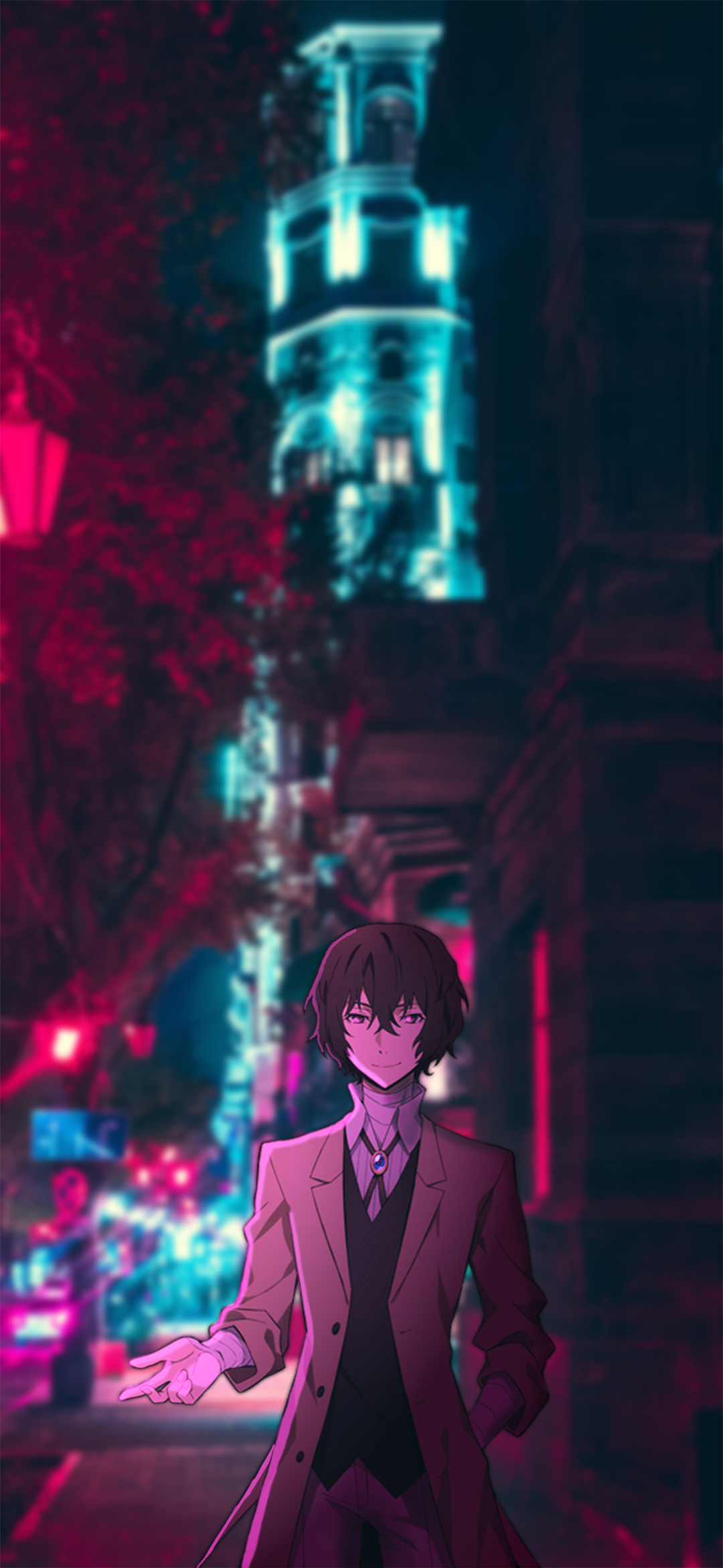 Dazai Osamu in a neon-lit city at night HD Phone Wallpaper