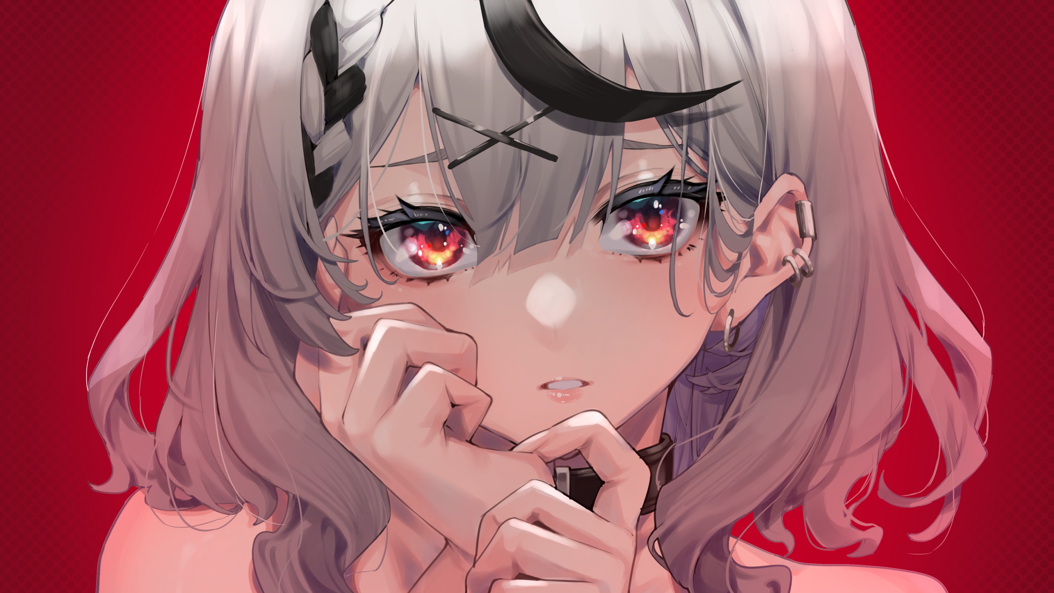 Mikan with red eyes and ear studs HD Wallpaper
