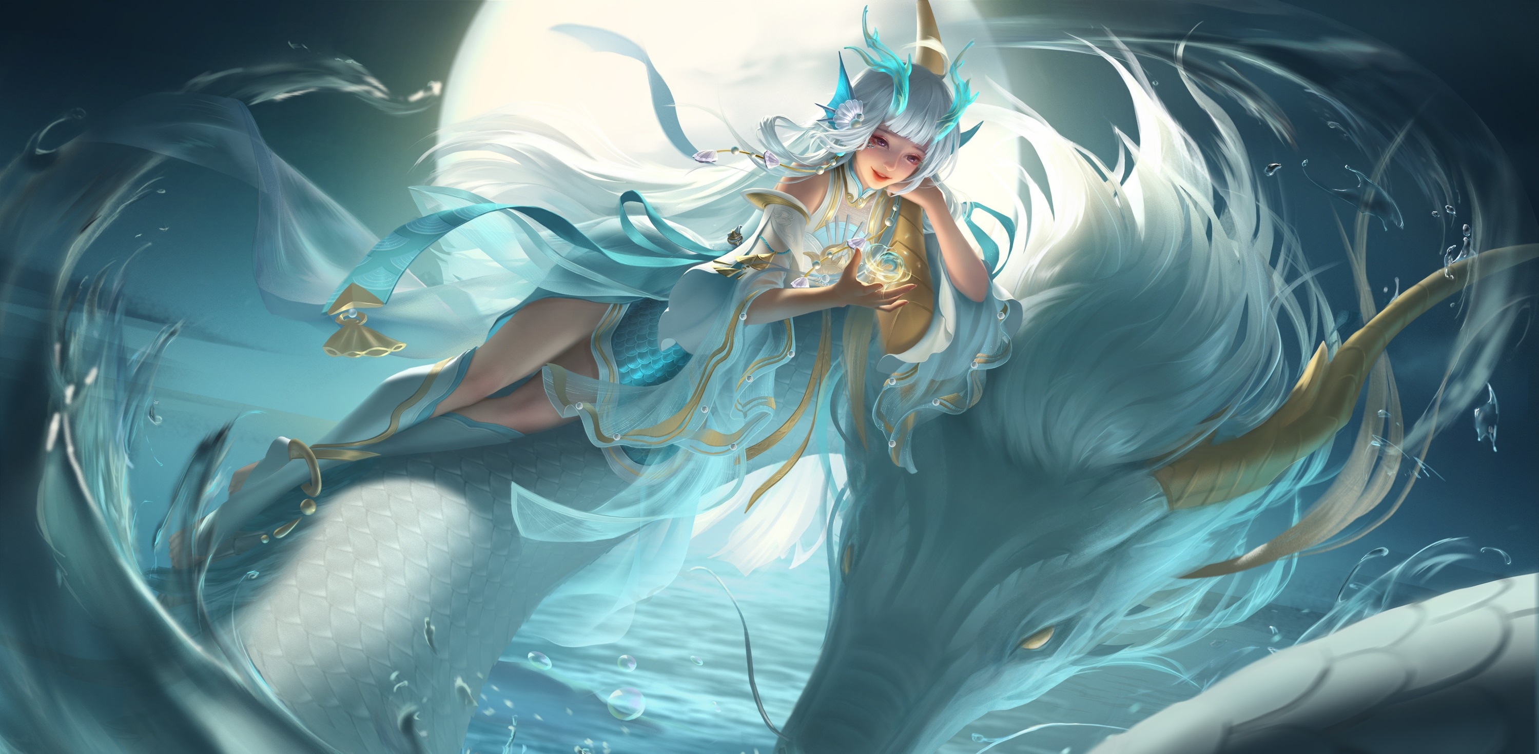 Girl on a Dragon Under the Moon HD Wallpaper
