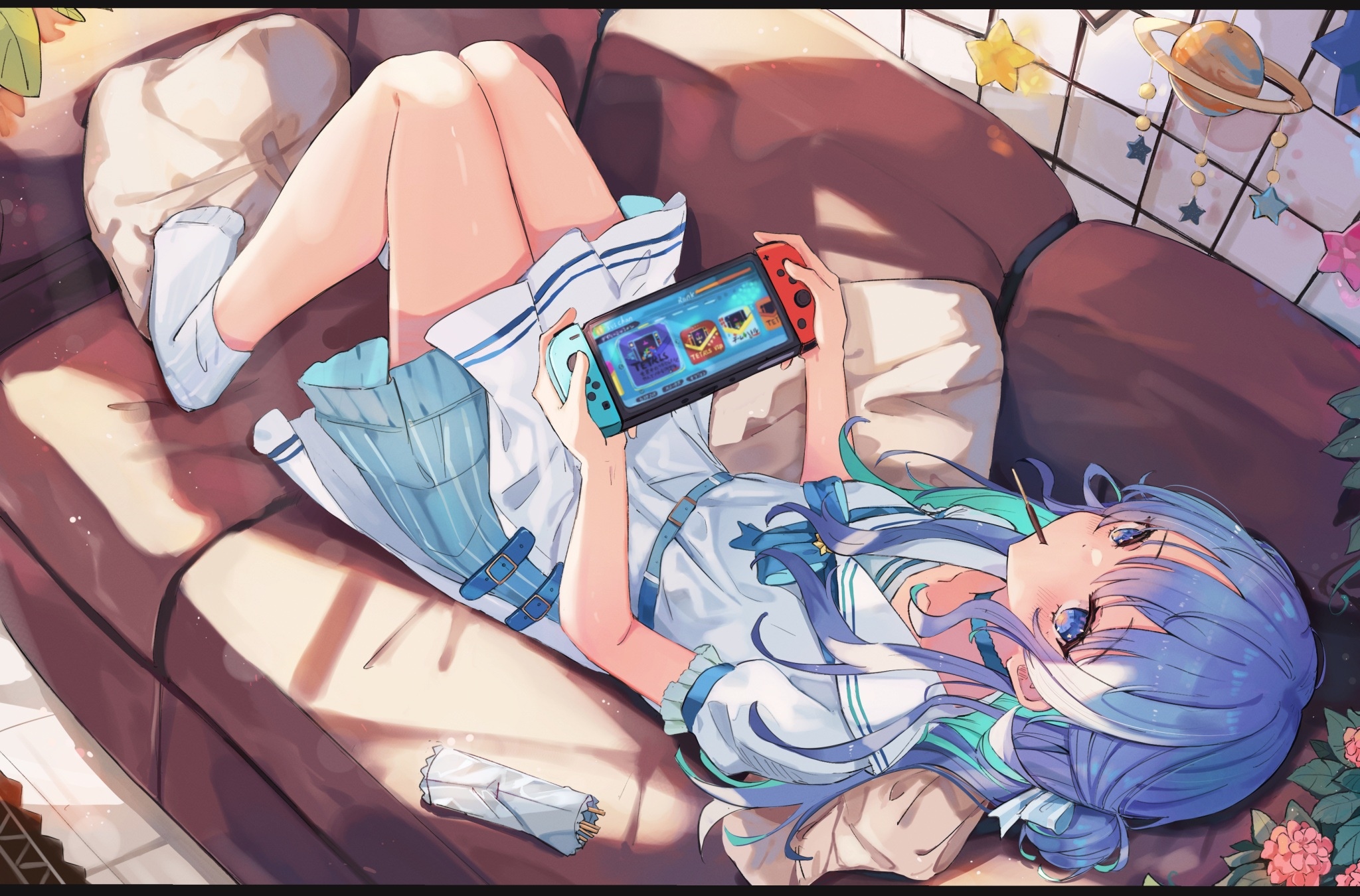Girl with blue hair playing Nintendo Switch on couch HD Wallpaper