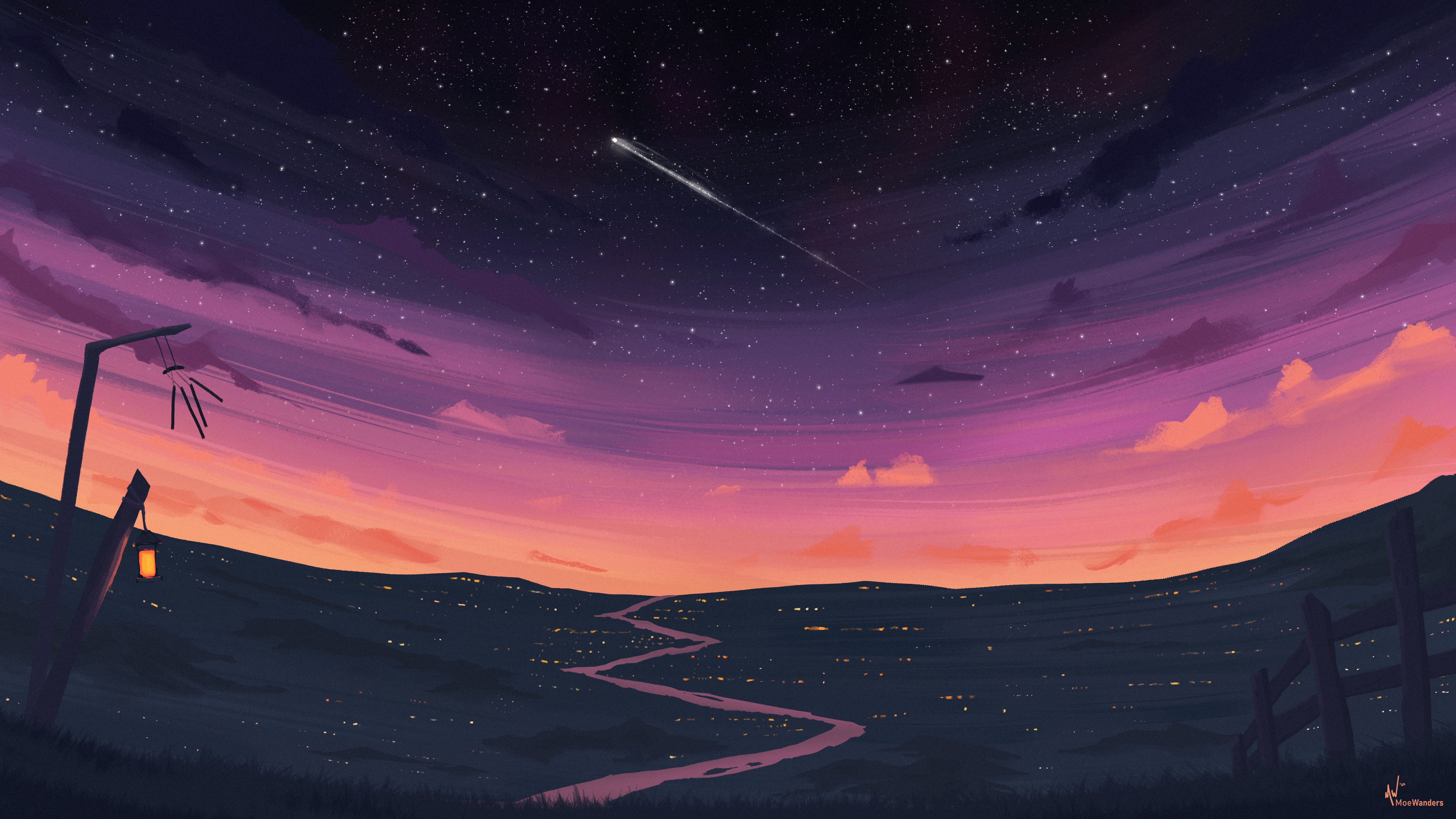 Night sky with shooting star over rolling hills HD Wallpaper