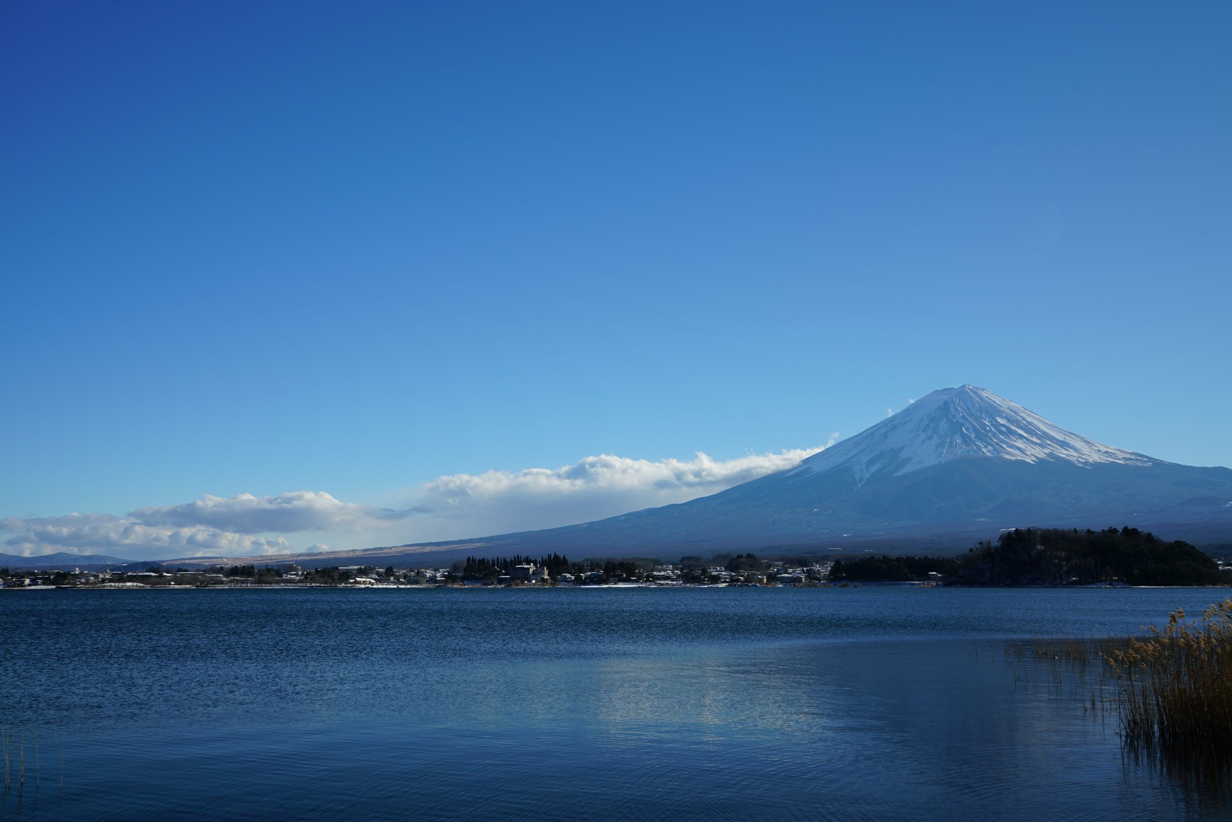 Mount Fuji and Lake Kawaguchi on a clear day HD Wallpaper