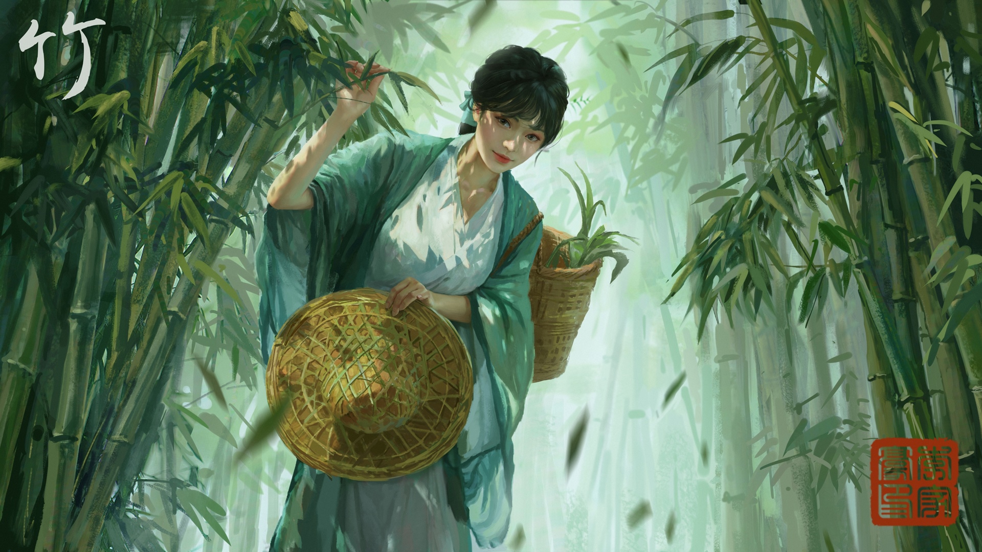 Anime girl in a bamboo forest holding a hat HD Wallpaper