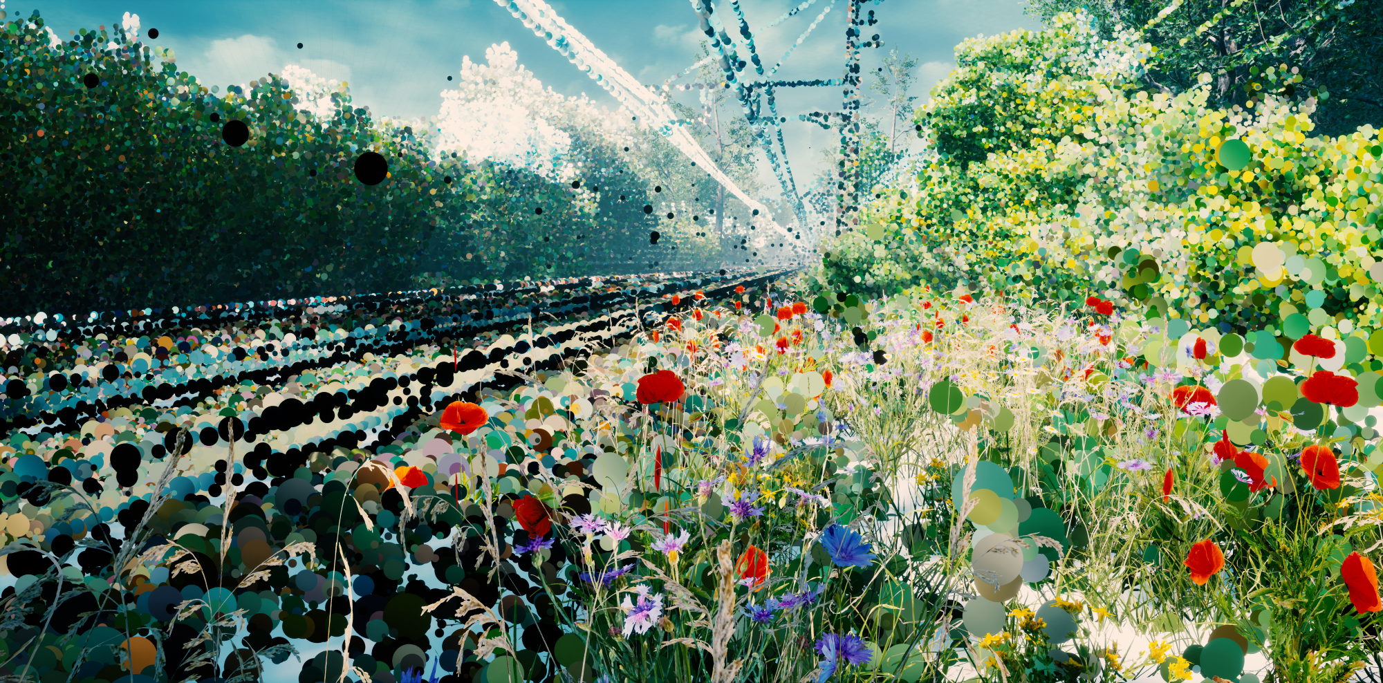 Flowers and geometric shapes by a railway HD Wallpaper