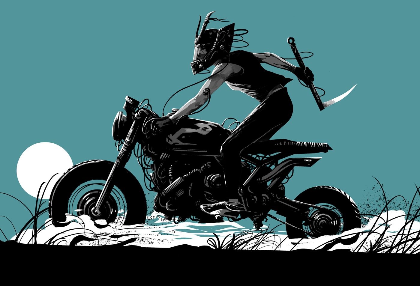 Biker girl riding a motorcycle through water HD Wallpaper