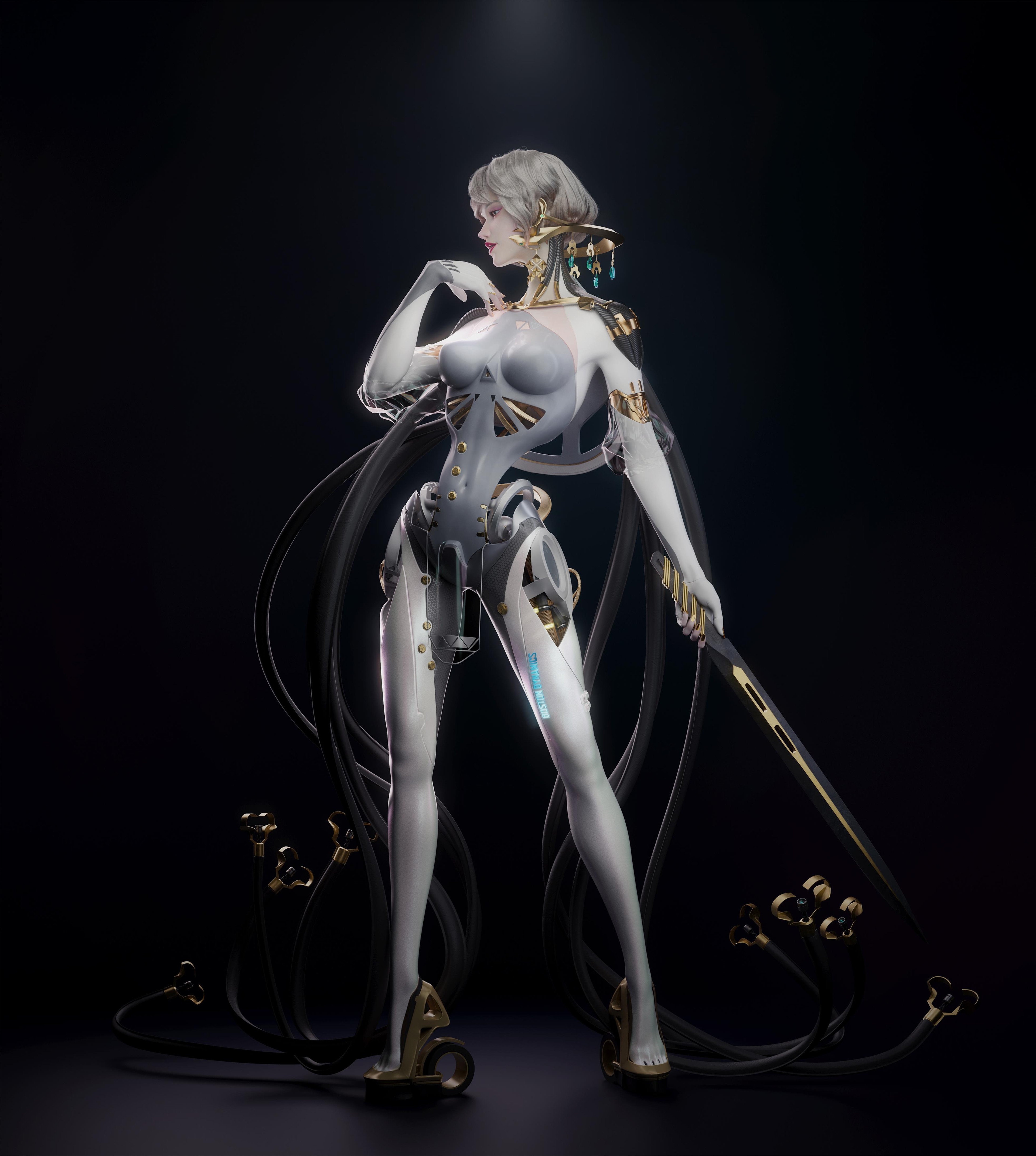 4K Gynoid with sword on black background HD Phone Wallpaper