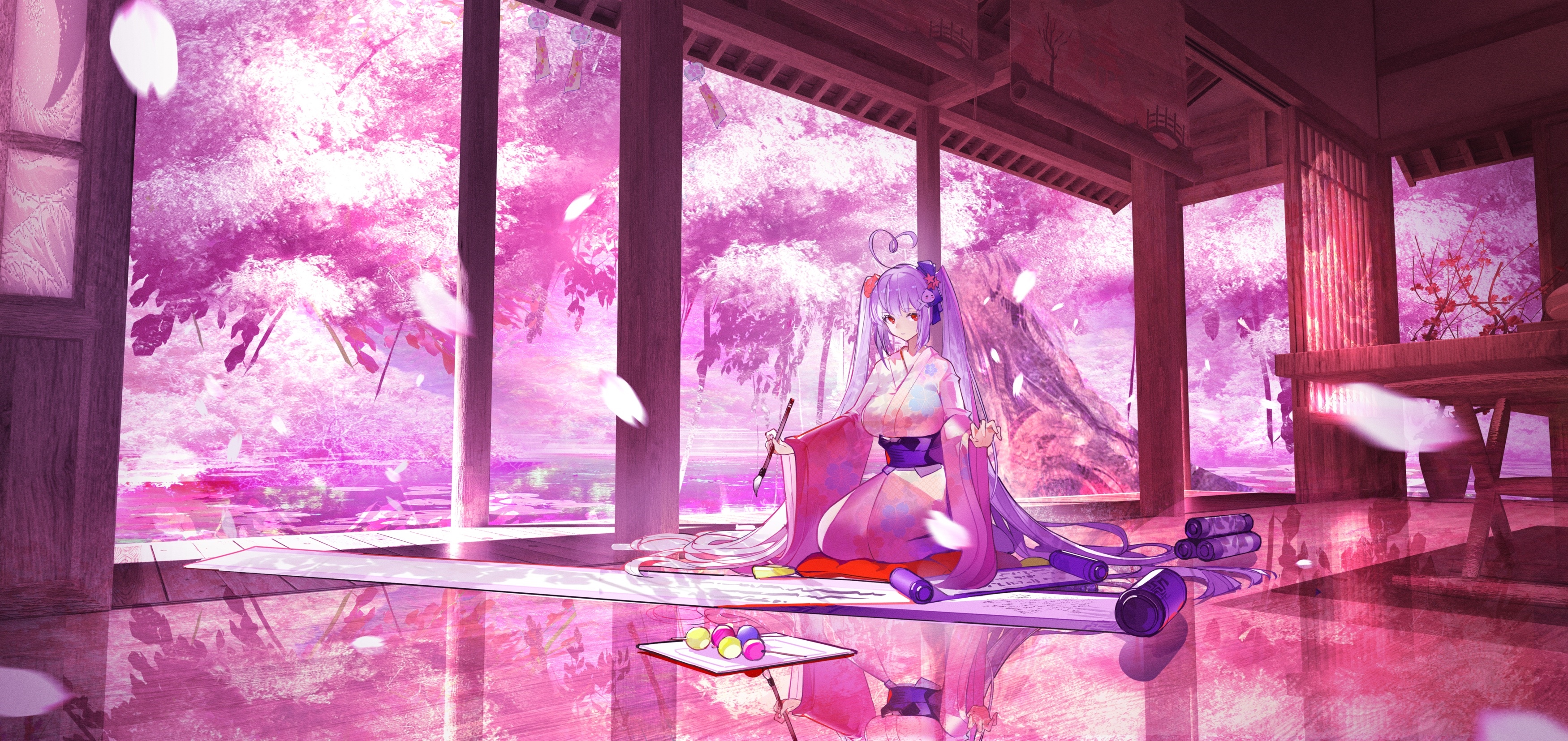 Sakura Miku in a traditional Japanese room with cherry blossoms HD Wallpaper