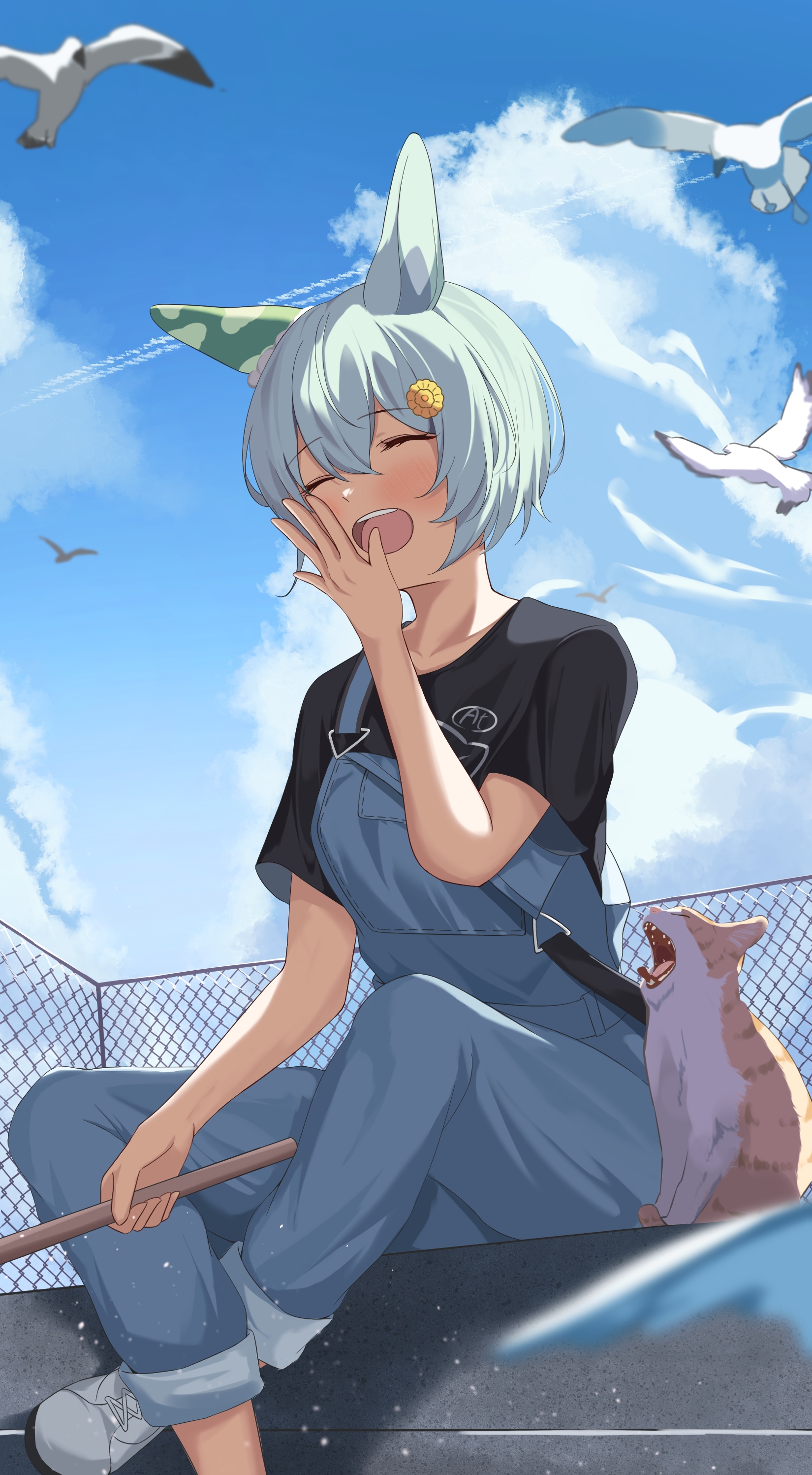 Girl with blue hair and cat by the sea HD Phone Wallpaper