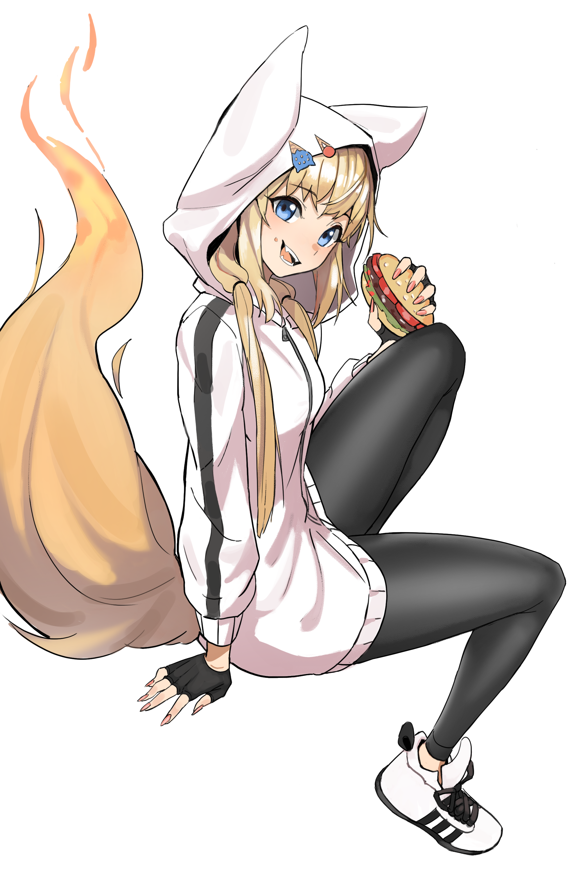 Fox girl in hoodie eating a burger HD Phone Wallpaper
