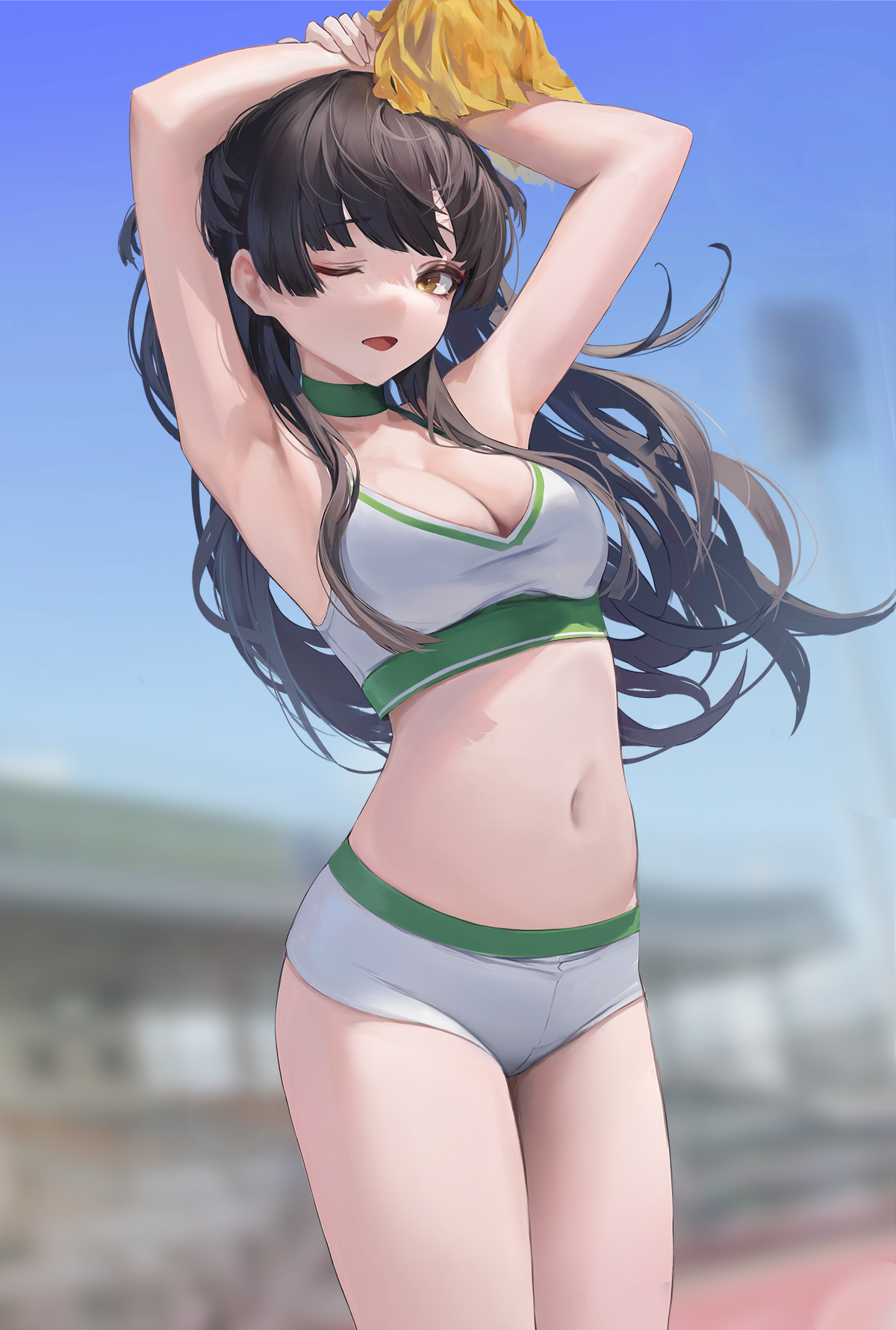 Anime girl in cheerleader outfit with pom-pom HD Phone Wallpaper