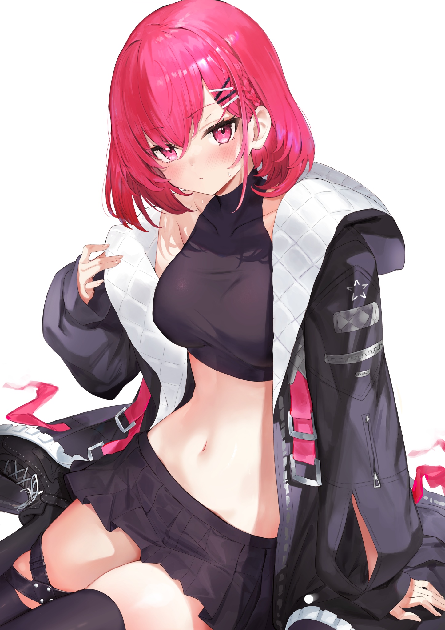 Anime girl with pink hair wearing a crop top and skirt HD Phone Wallpaper