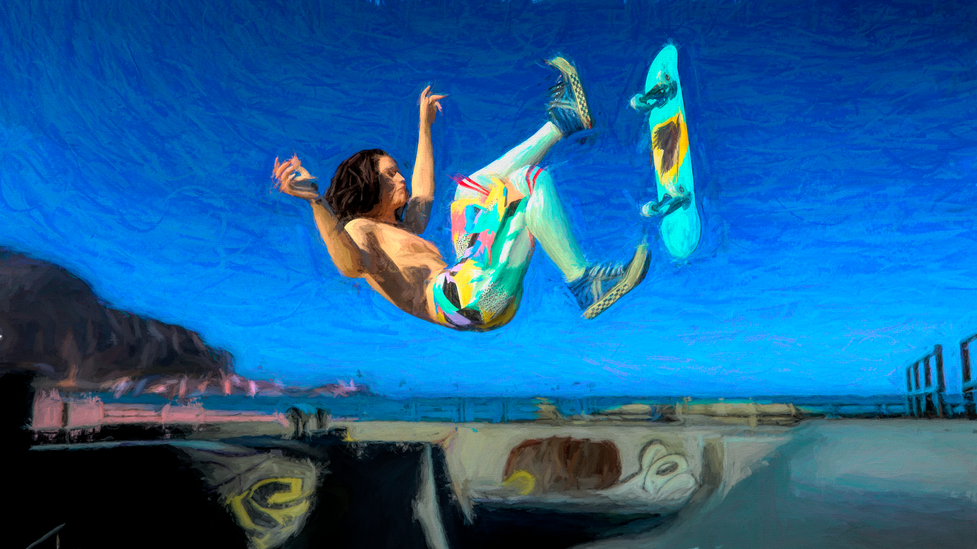 Skateboarding trick at a beach skatepark HD Wallpaper