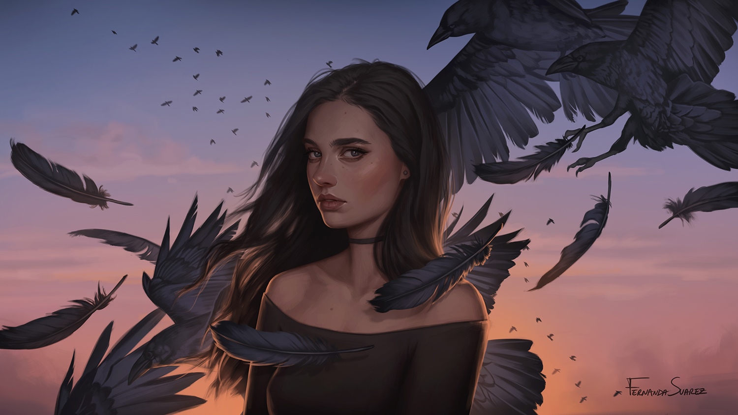 Artwork of a woman surrounded by crows and feathers HD Wallpaper