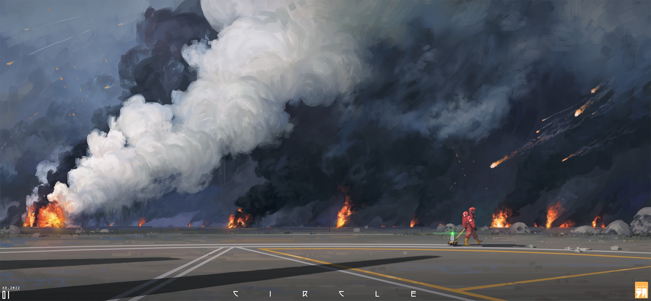 Artwork of a person in a red suit amidst smoke and fire HD Wallpaper
