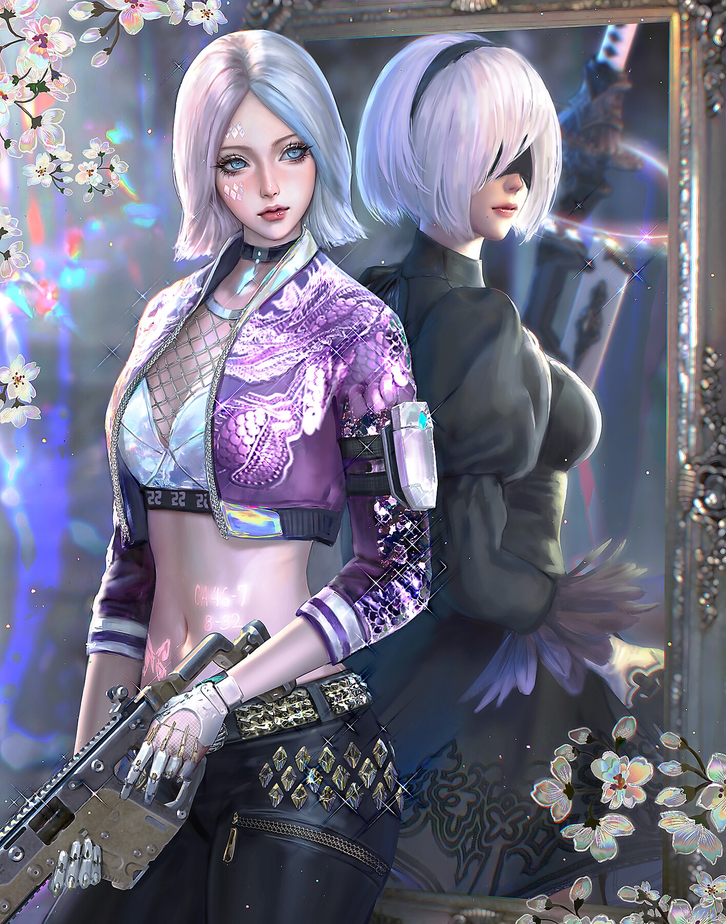 Two women, one with silver hair and a purple jacket, holding a weapon HD Phone Wallpaper