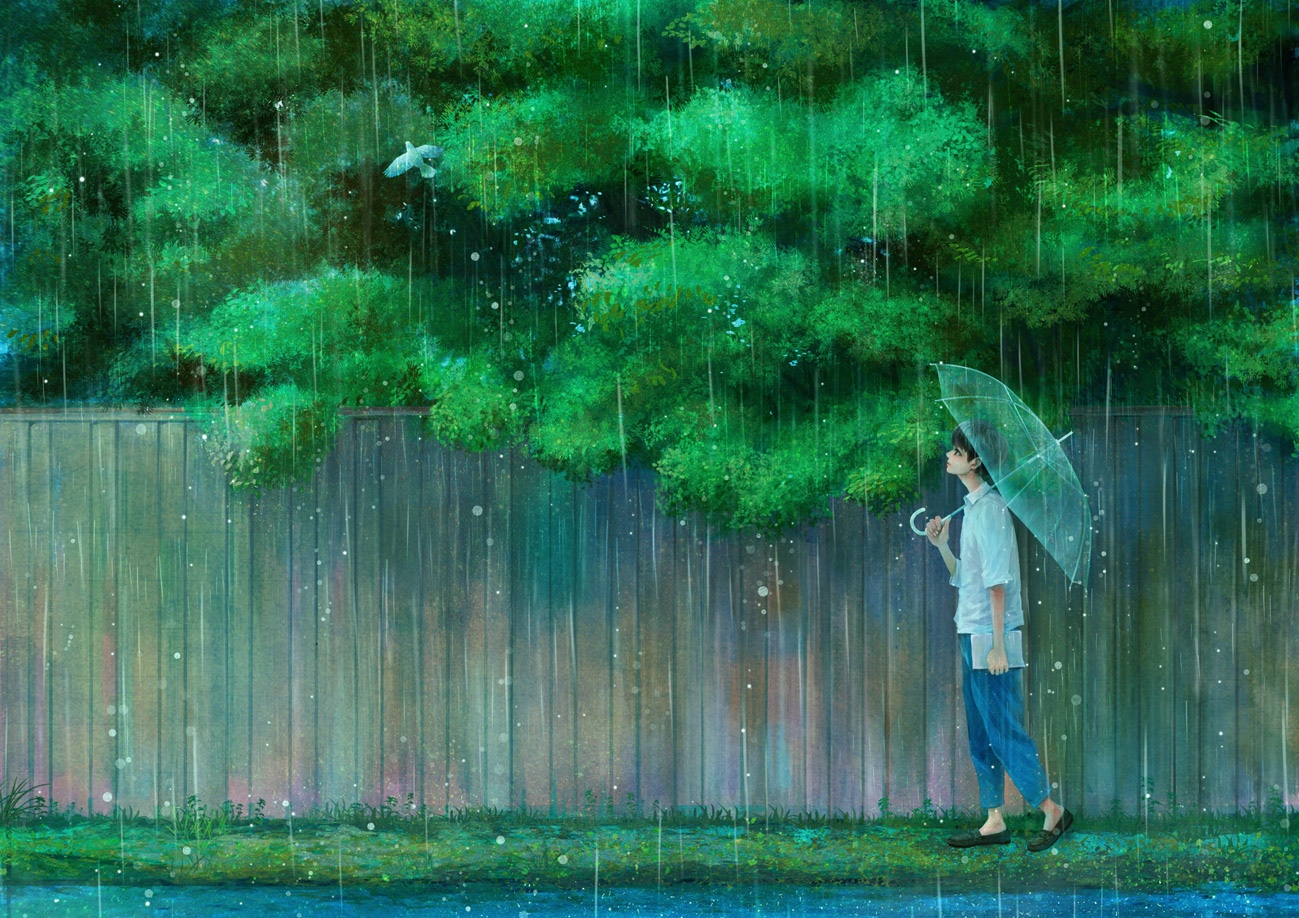 Person with umbrella walking in the rain near a fence HD Wallpaper
