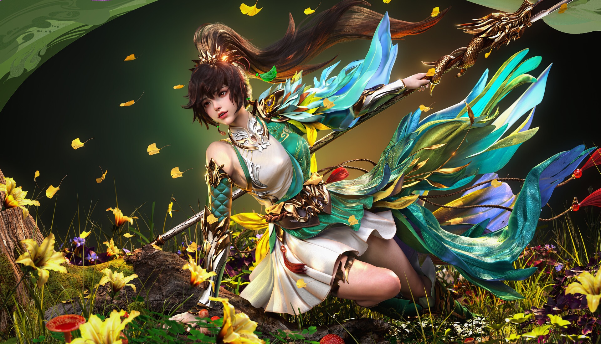 Fantasy girl with spear in a forest with flowers HD Wallpaper
