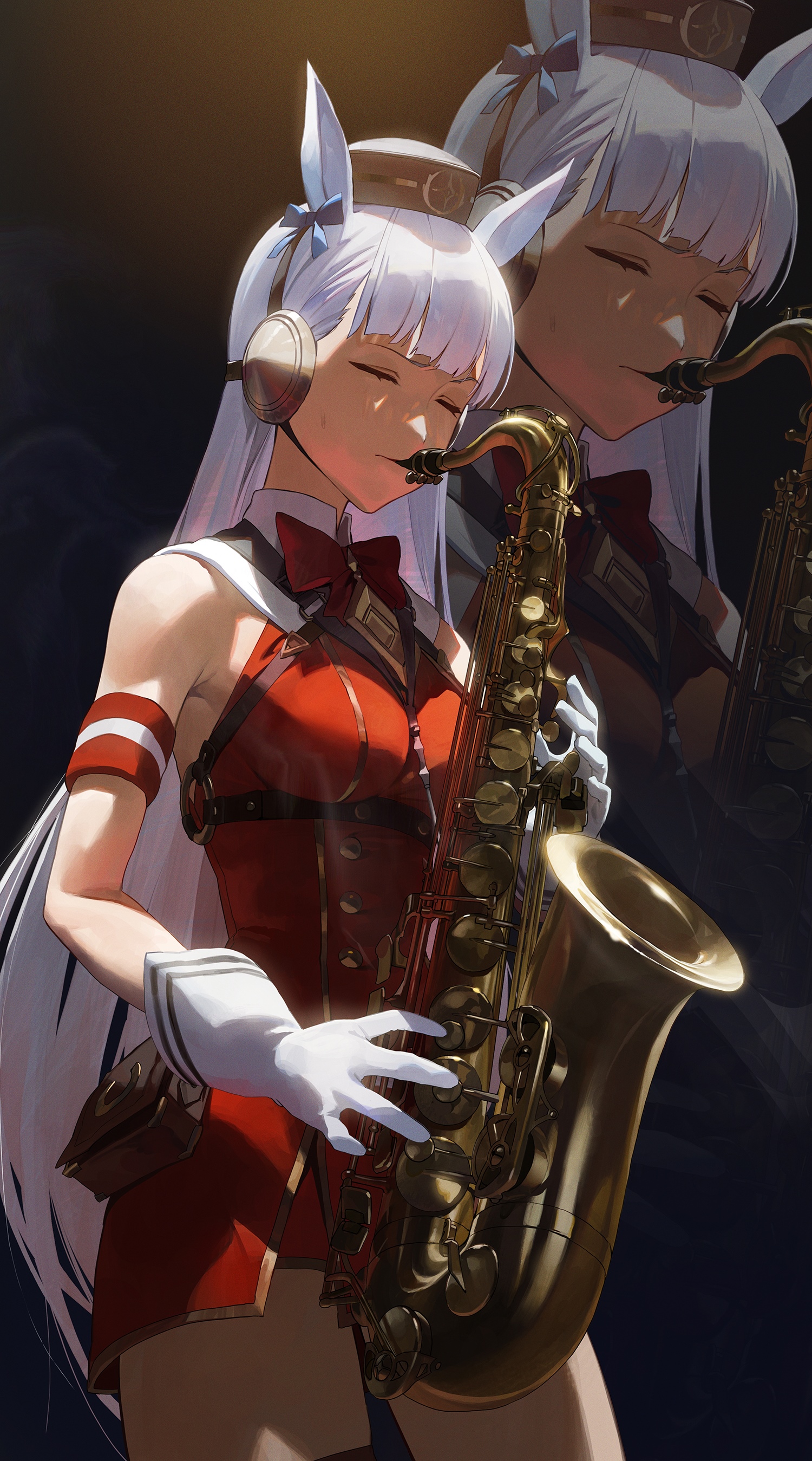 Anime girl with bunny ears playing a saxophone HD Phone Wallpaper