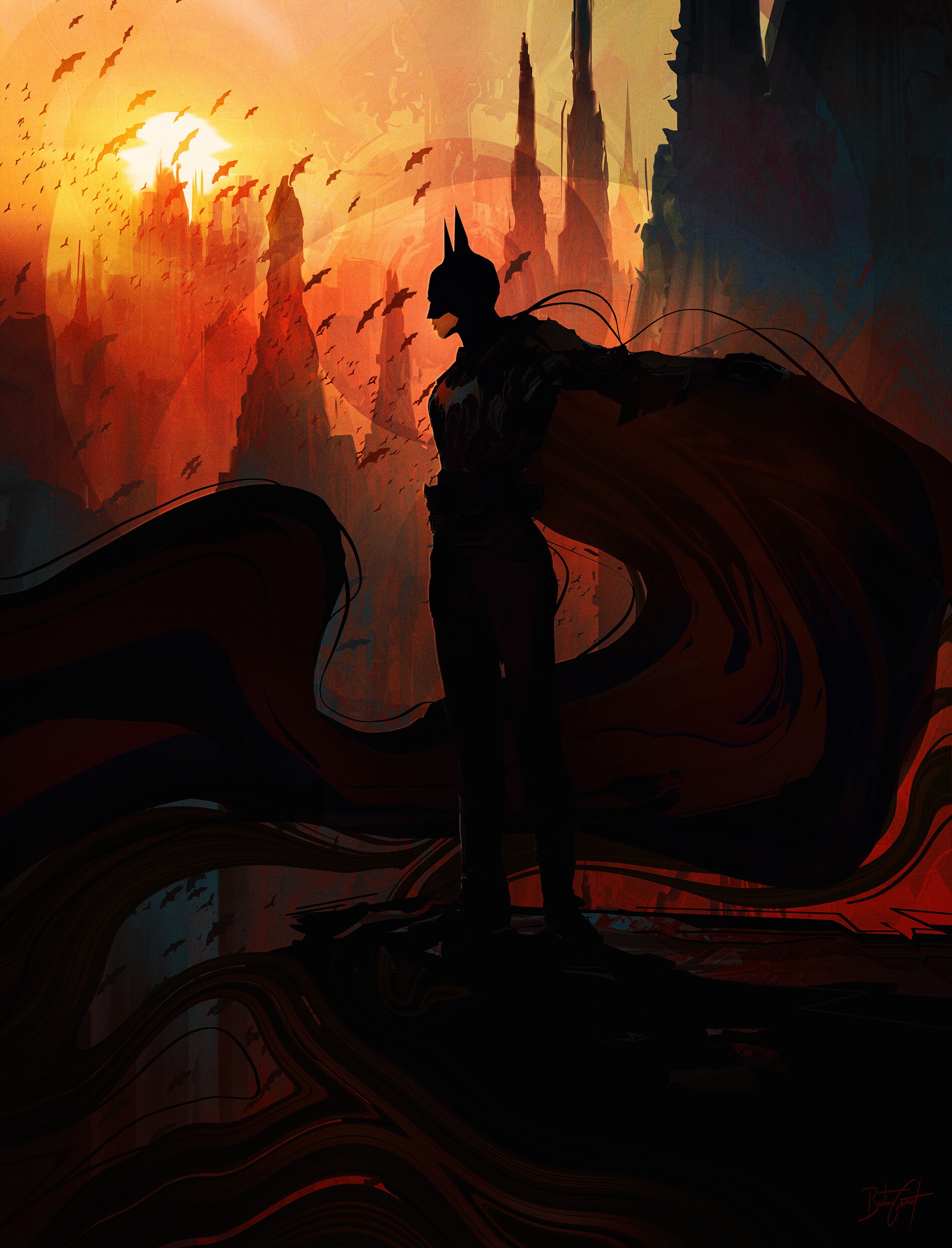 Batman standing in front of Gotham at sunset with bats flying HD Phone Wallpaper