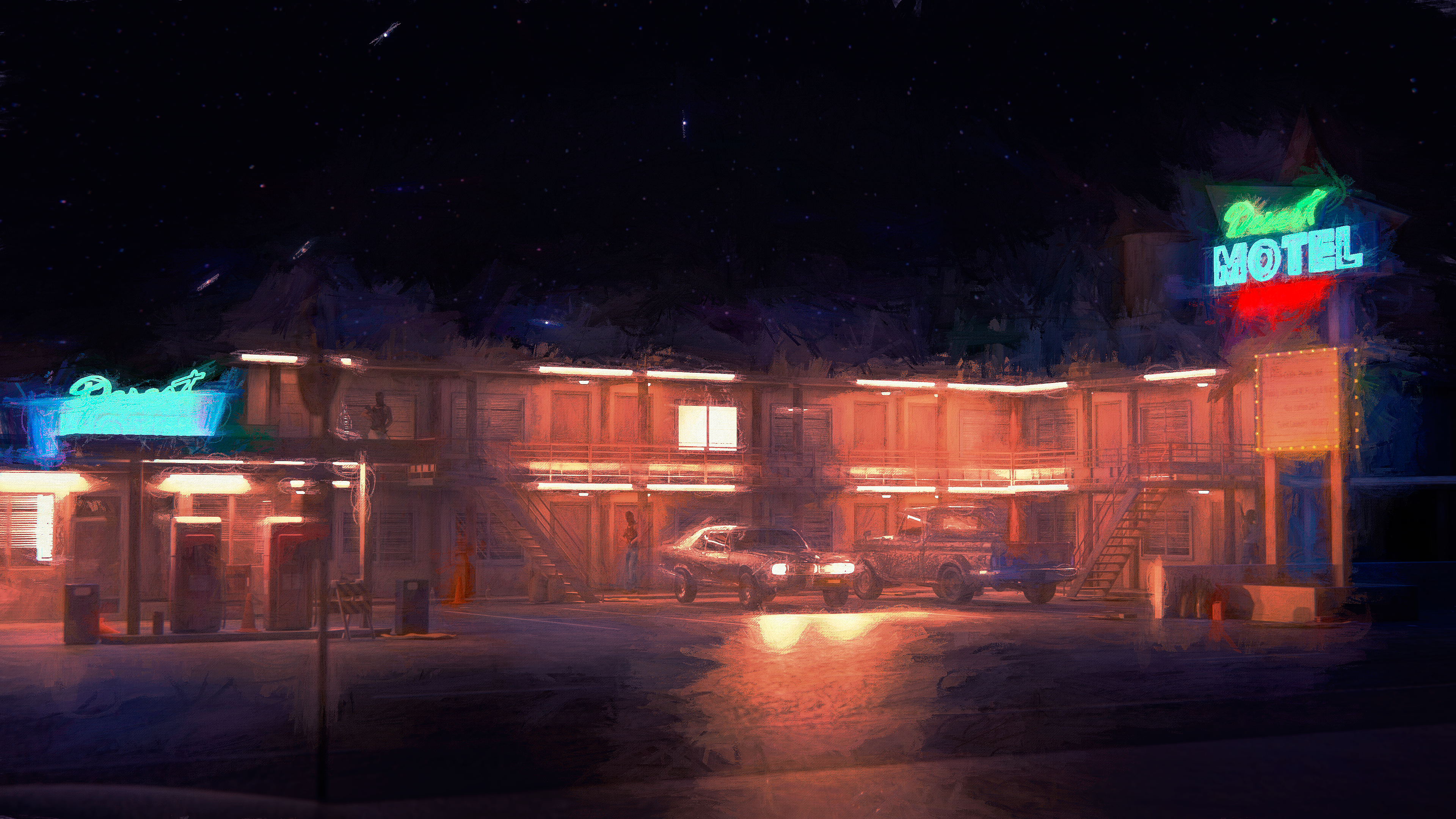 4K Neon Motel at Night with Muscle Cars and Pickup Trucks HD Wallpaper