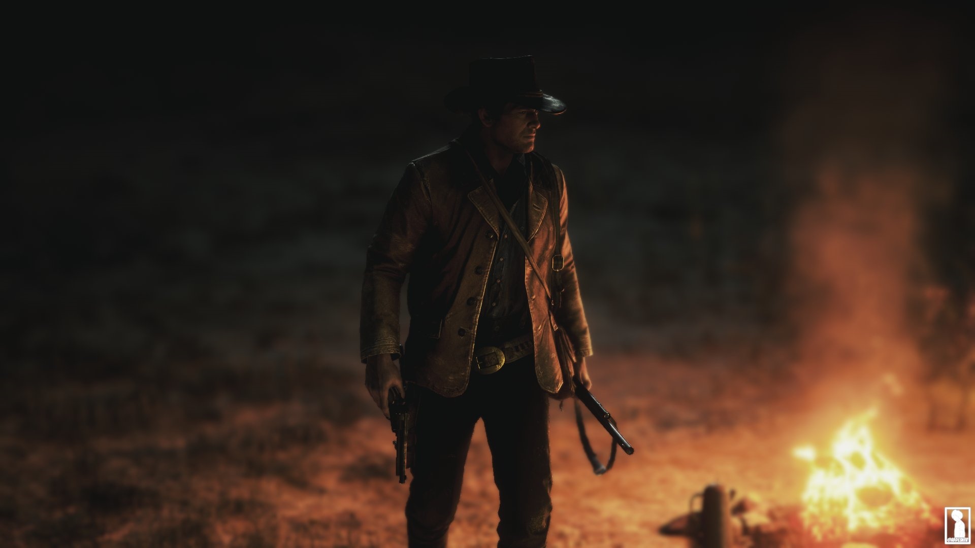 Arthur Morgan with a gun and rifle by a campfire HD Wallpaper