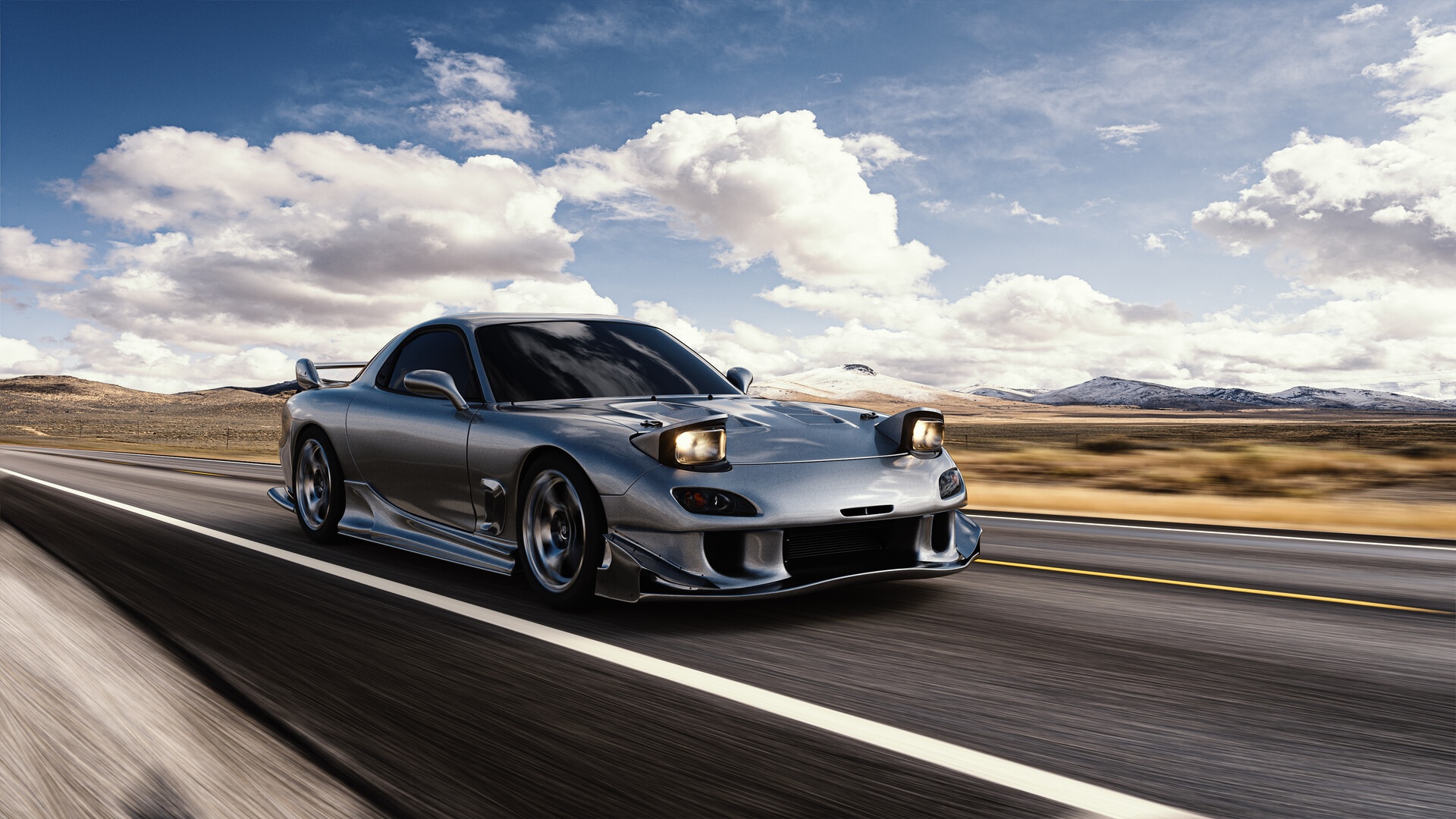 Silver Mazda RX-7 driving on a road with mountains HD Wallpaper