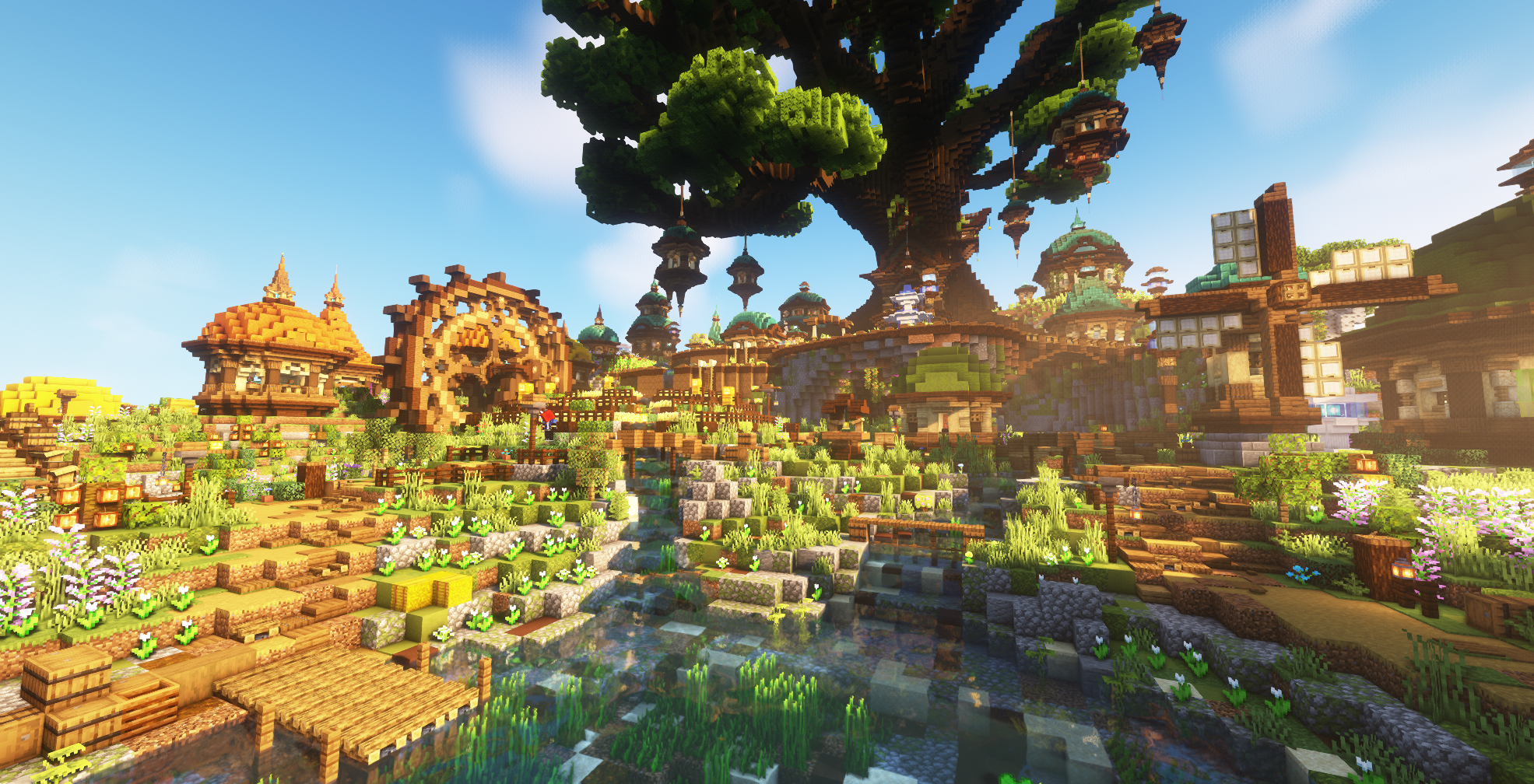 Minecraft village with a giant tree and water features HD Wallpaper