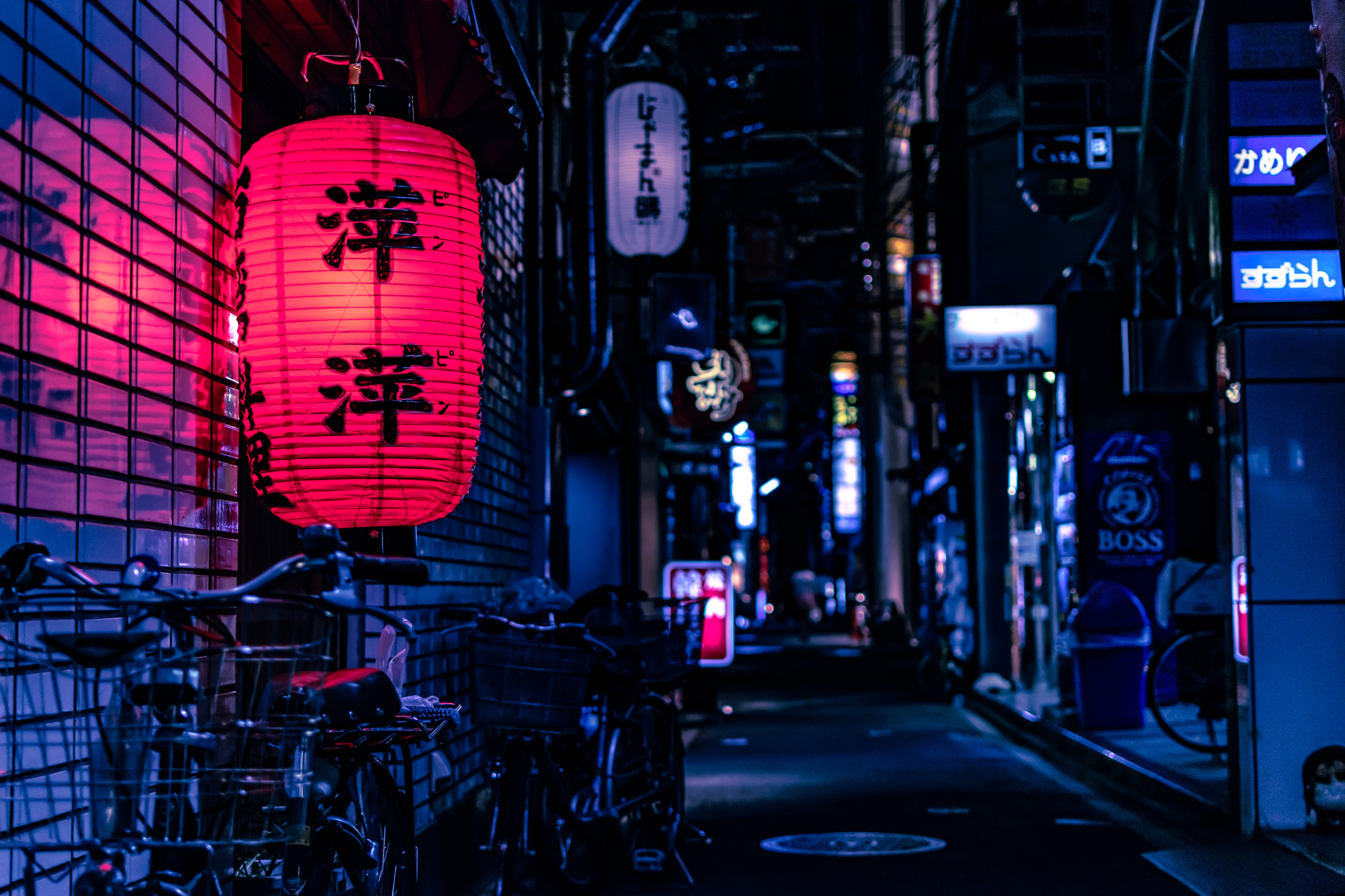 4K Night Street with Japanese Lanterns and Bicycles HD Wallpaper