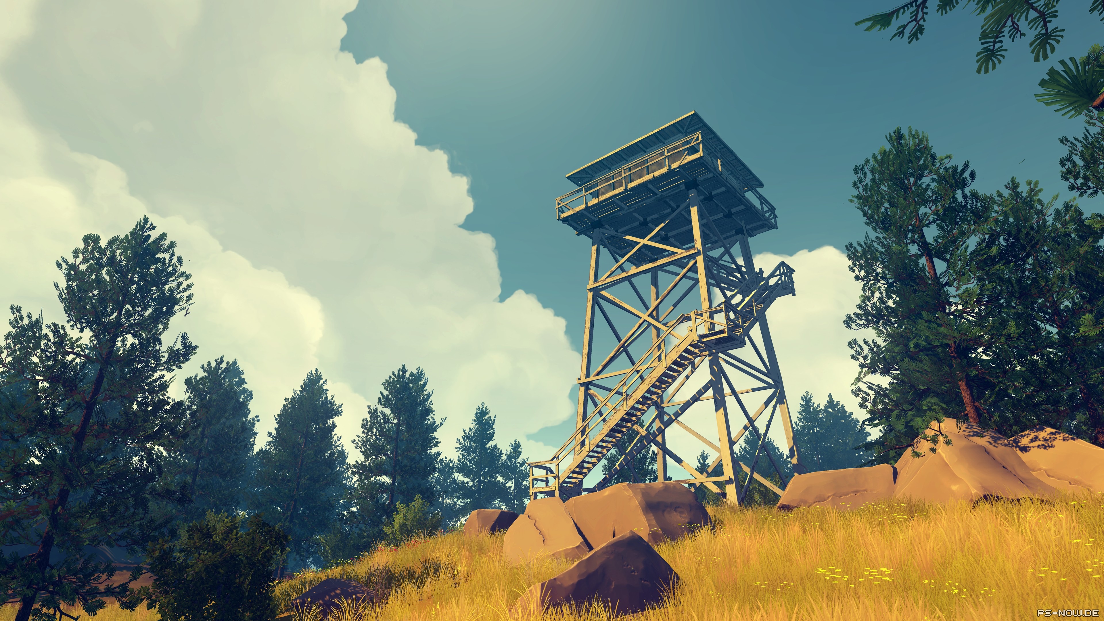 Firewatch tower in a forest with clouds and sky HD Wallpaper