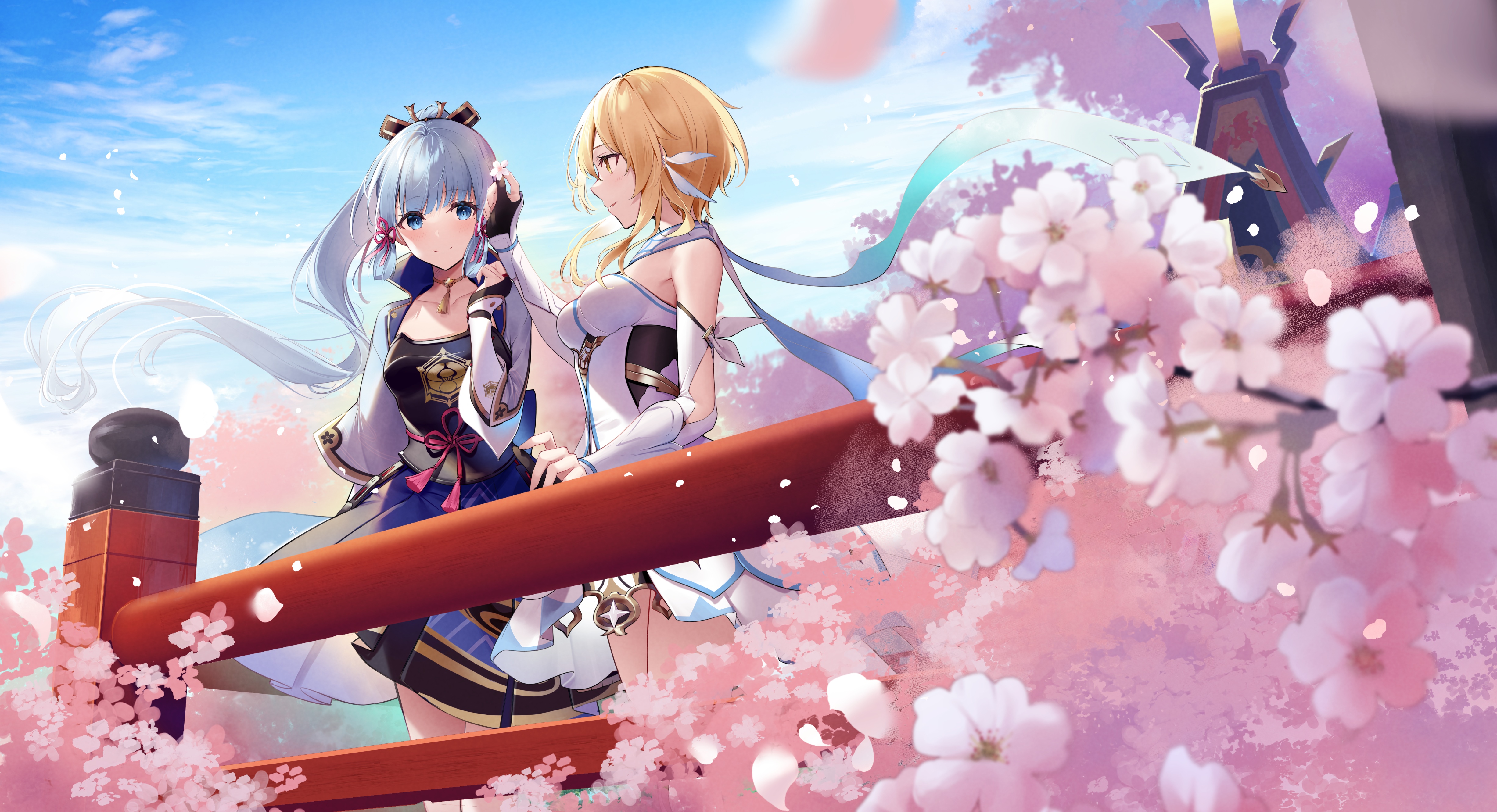4K Genshin Impact: Ayaka and Lumine with Cherry Blossoms HD Wallpaper