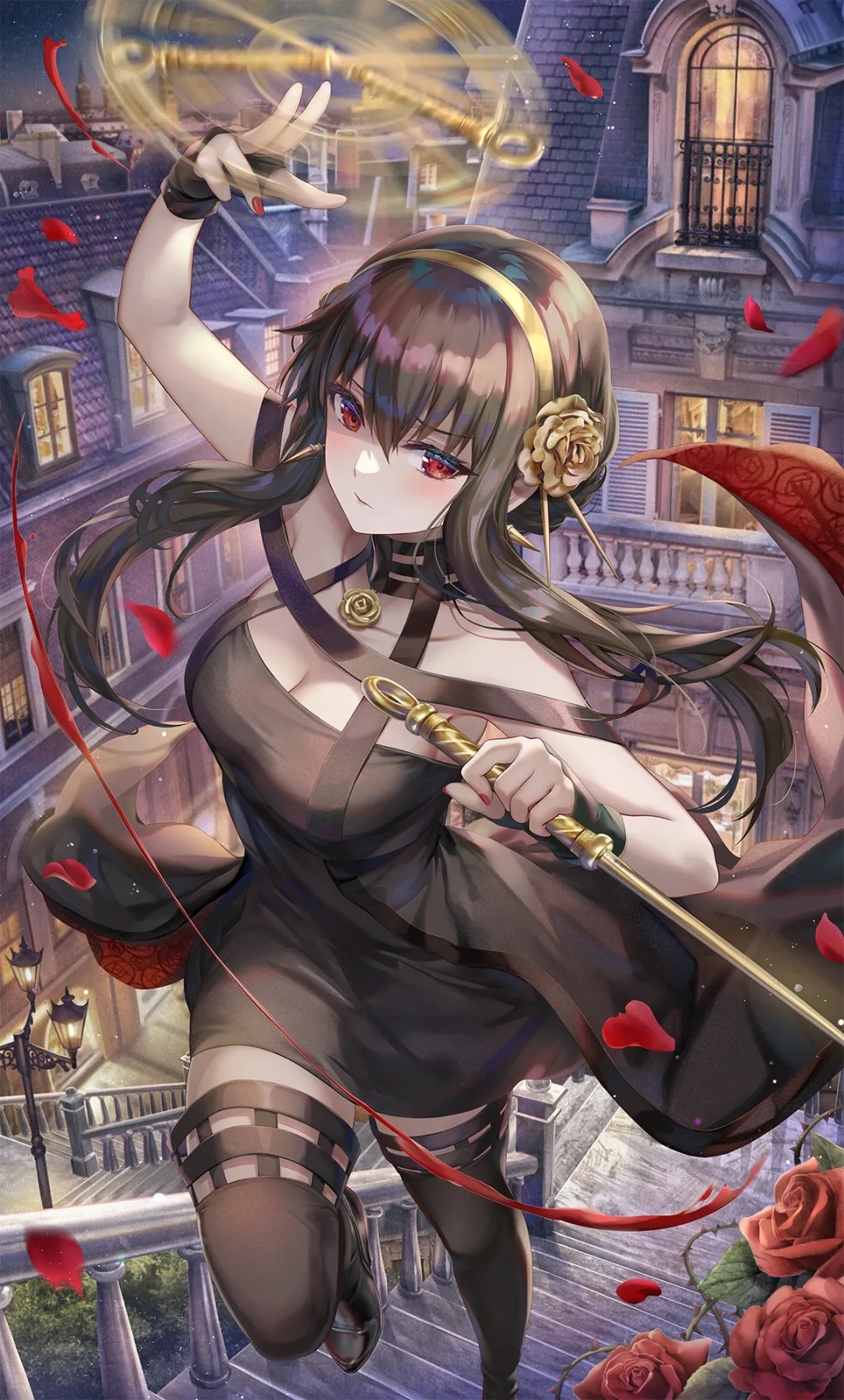 Yor Forger with a weapon and roses HD Phone Wallpaper