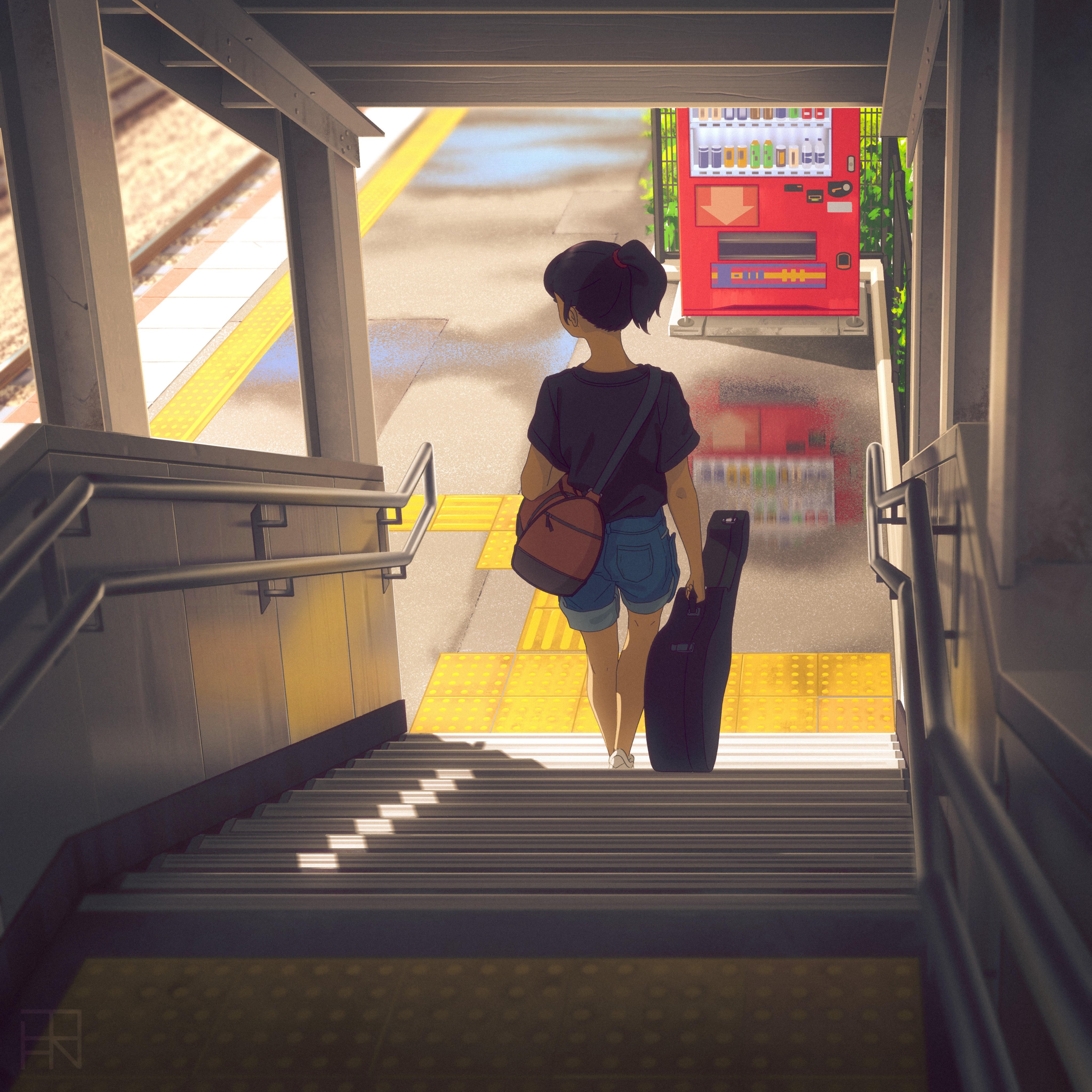 Girl with guitar case at subway station HD Wallpaper