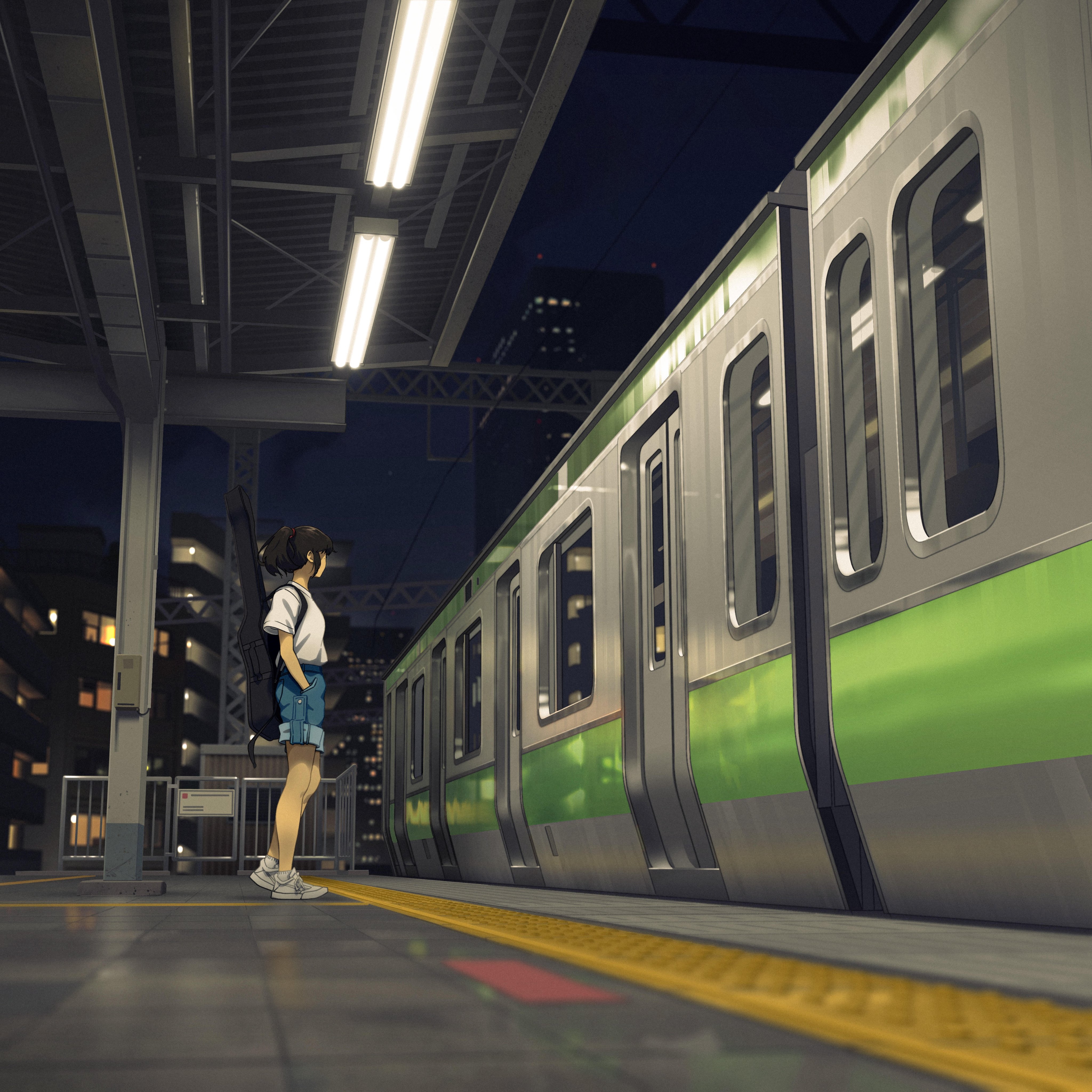 Girl waiting for train at night HD Wallpaper