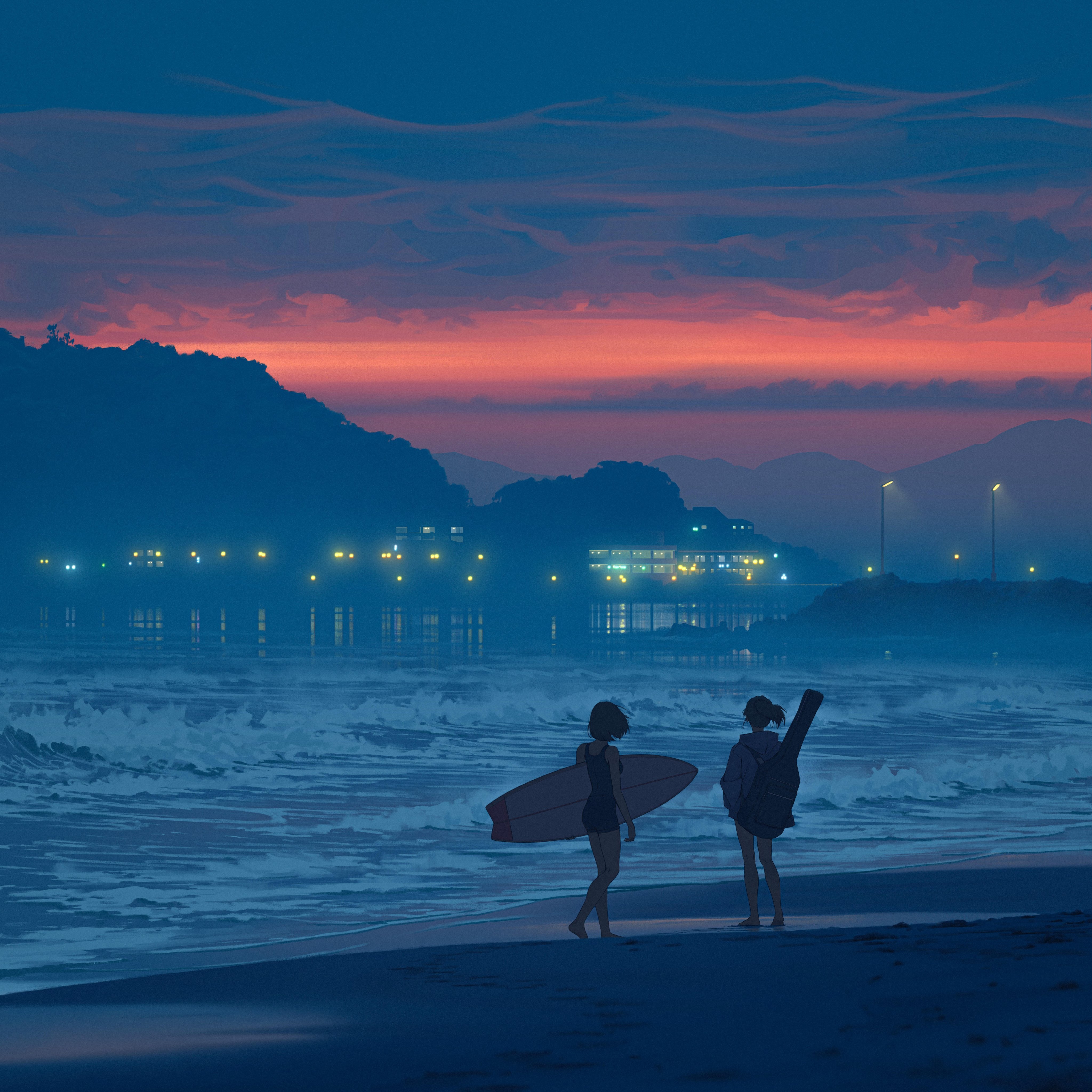 4K twilight beach with surfers and guitar HD Wallpaper