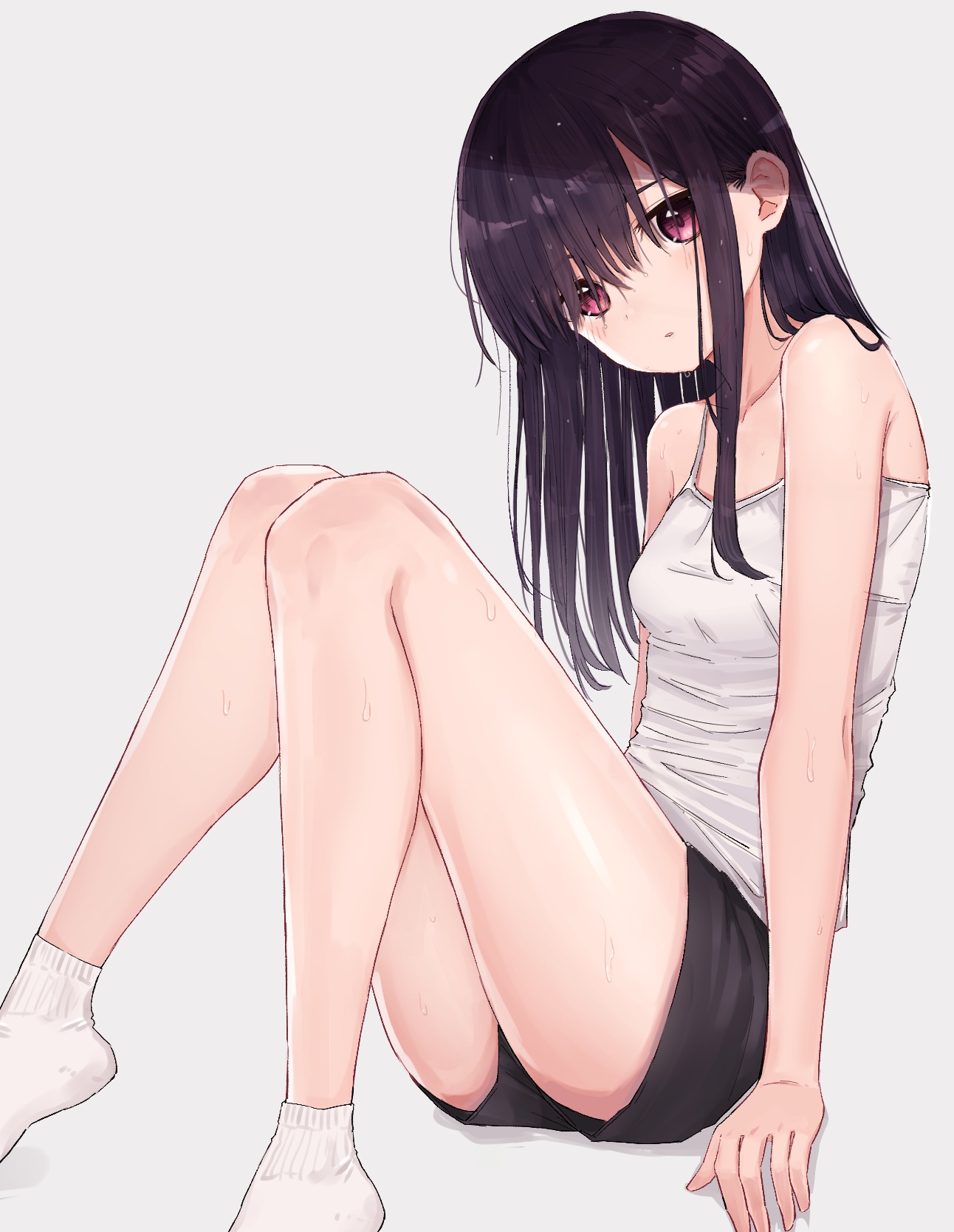 Anime girl with dark hair wearing a tank top and shorts HD Phone Wallpaper