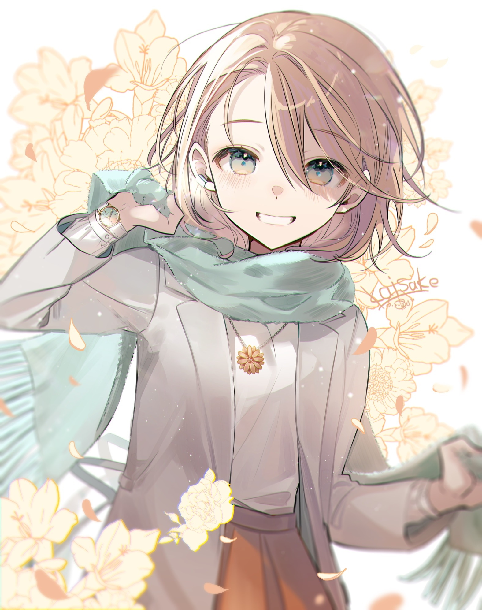 Anime girl with short brown hair and scarf HD Phone Wallpaper